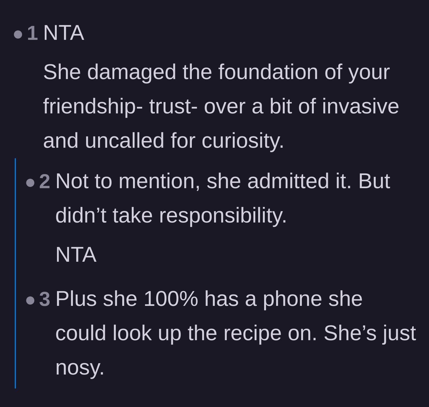 Comment thread 1 - Pointing out the friend's hypocrisy and noting she could have used her own phone for recipes.