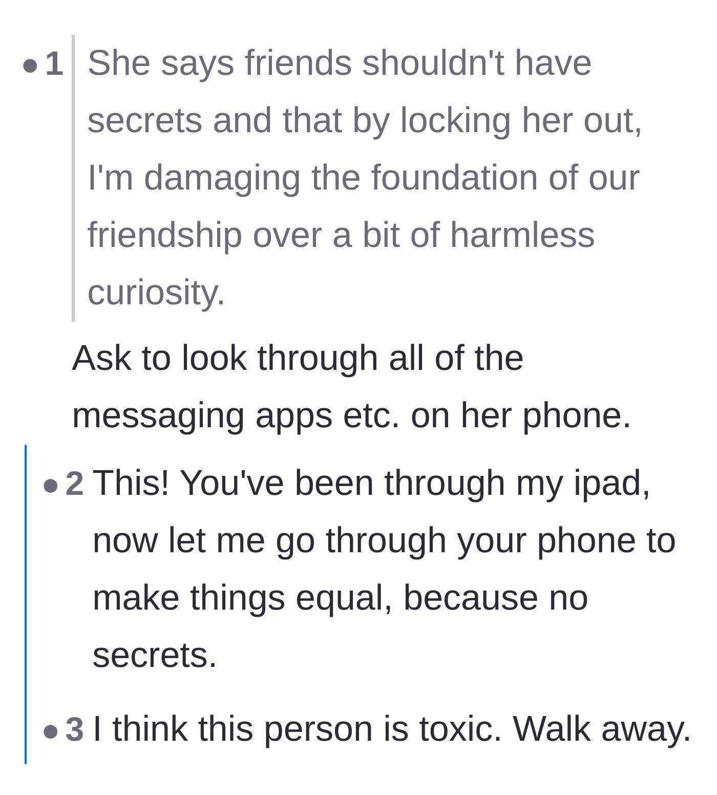 Comment thread 2 - Suggesting the main character ask to look through the friend's phone to test her 'no secrets' rule.