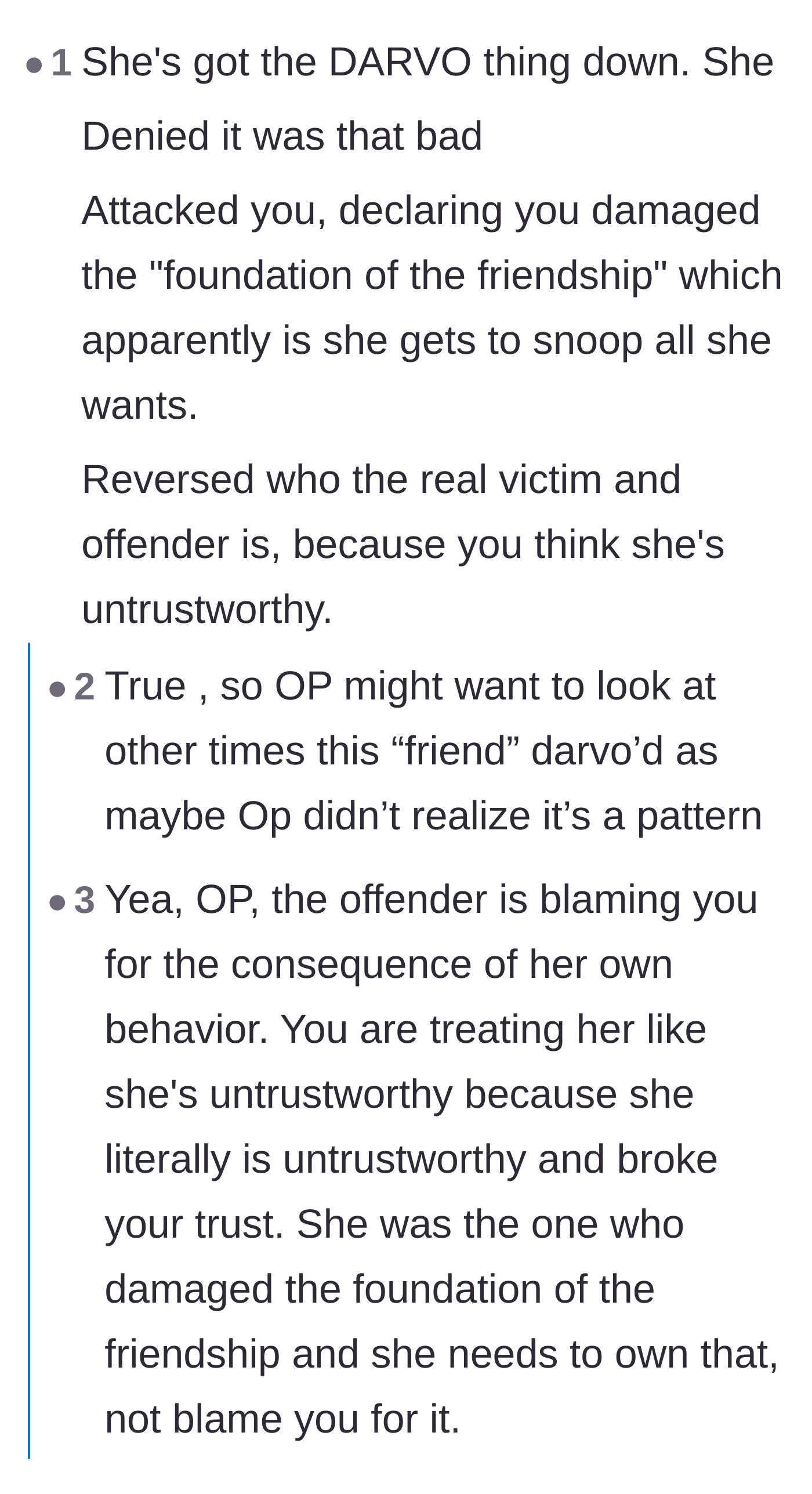 Comment thread 3 - Breaking down the friend's manipulation tactics using the DARVO acronym.