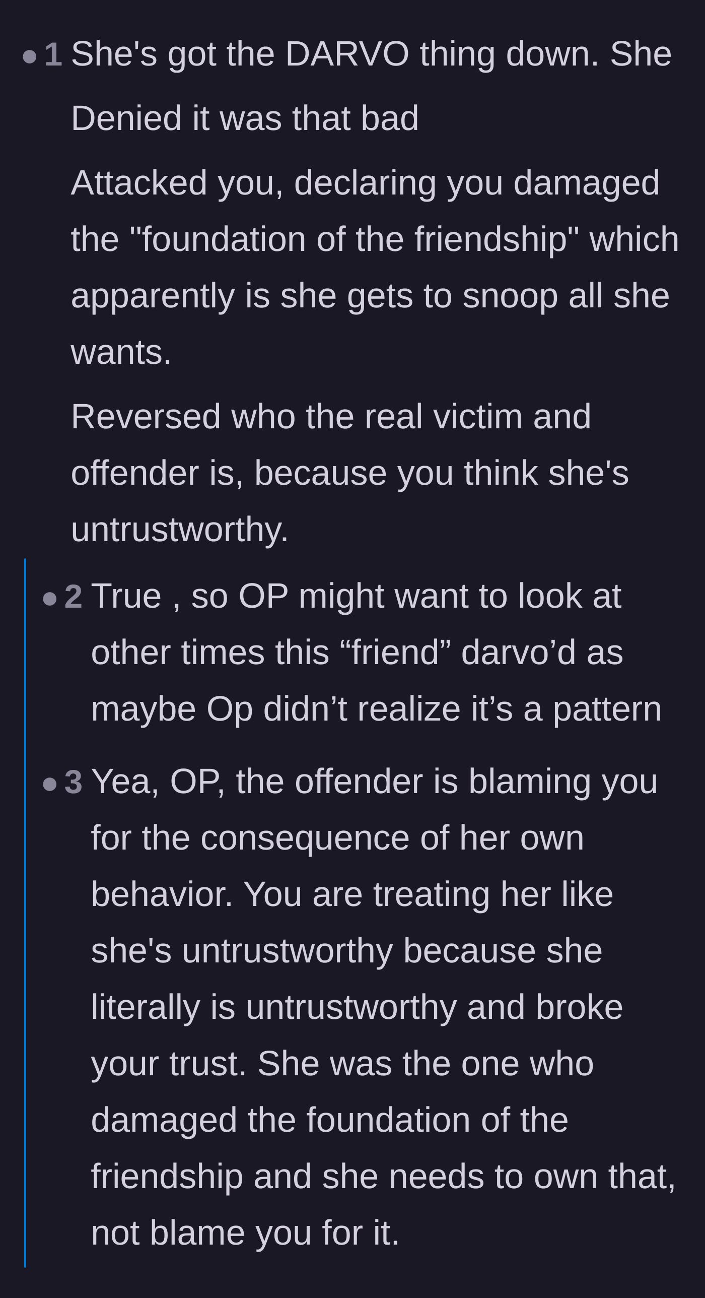 Comment thread 3 - Breaking down the friend's manipulation tactics using the DARVO acronym.