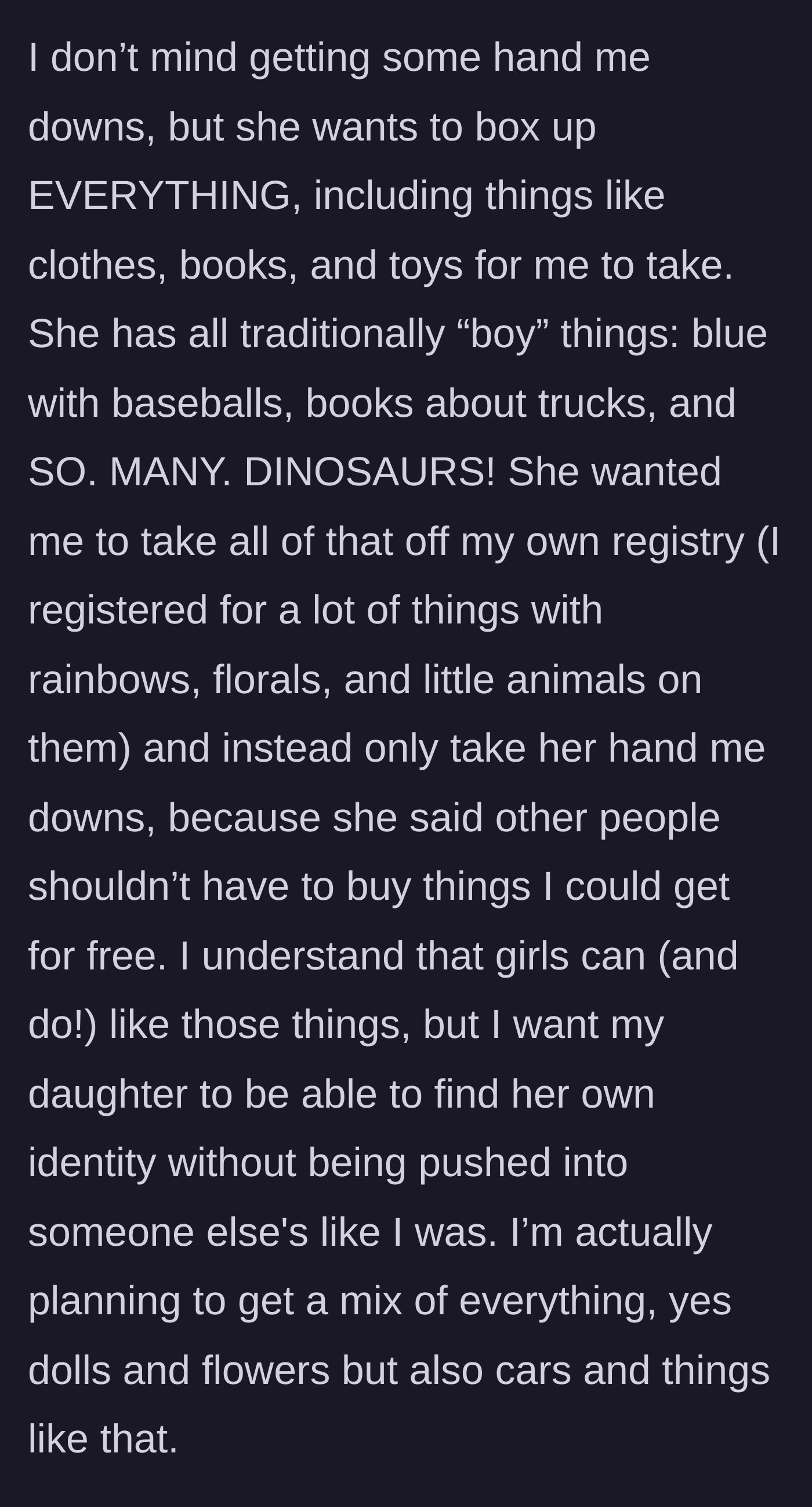 Story part 4 - The sister insists the main character take all her sons' boy-themed hand-me-downs, ignoring the main character's desire to pick out a mix of items for her daughter.