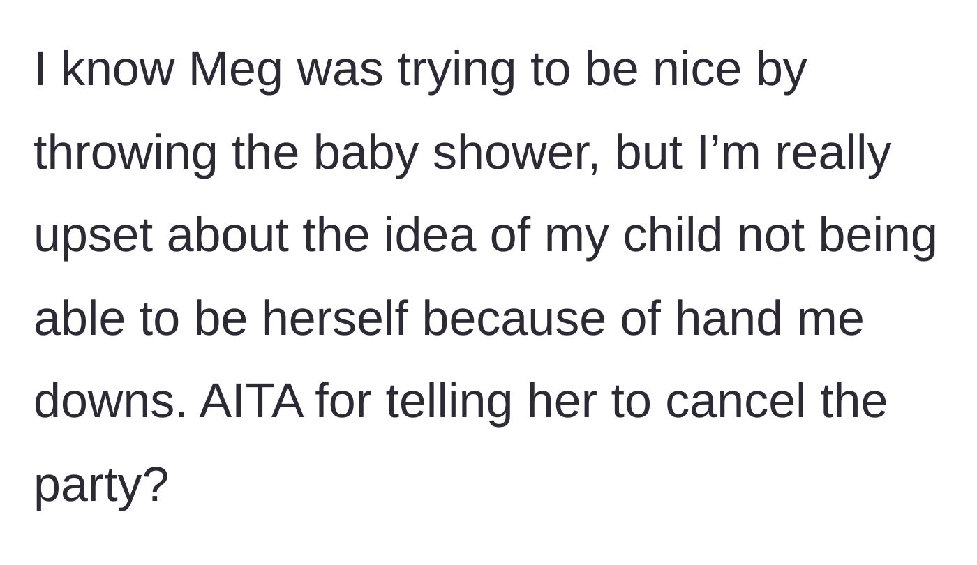 Story part 6 - The main character reflects on the sister's intentions but expresses distress over her child losing her identity to hand-me-downs, asking if she was wrong.