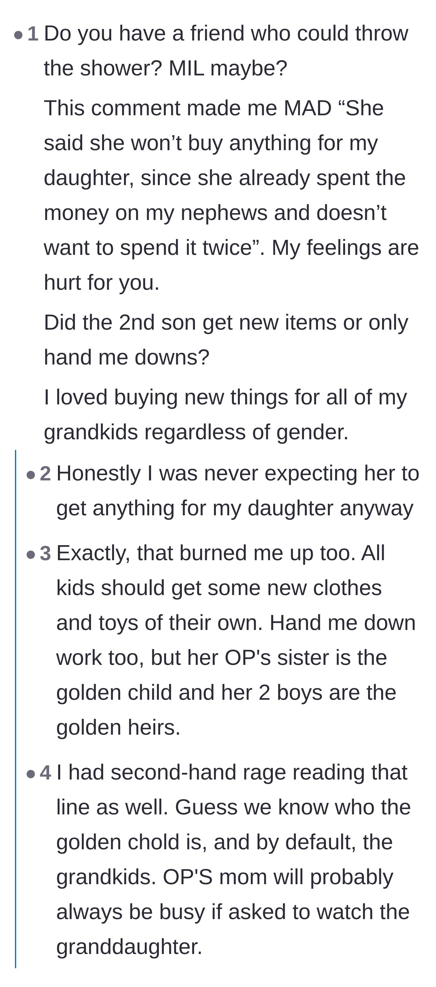 Comment thread 1 - Readers dissecting the mother's blatant favoritism and discussing what a healthy, respectful hand-me-down exchange actually looks like.