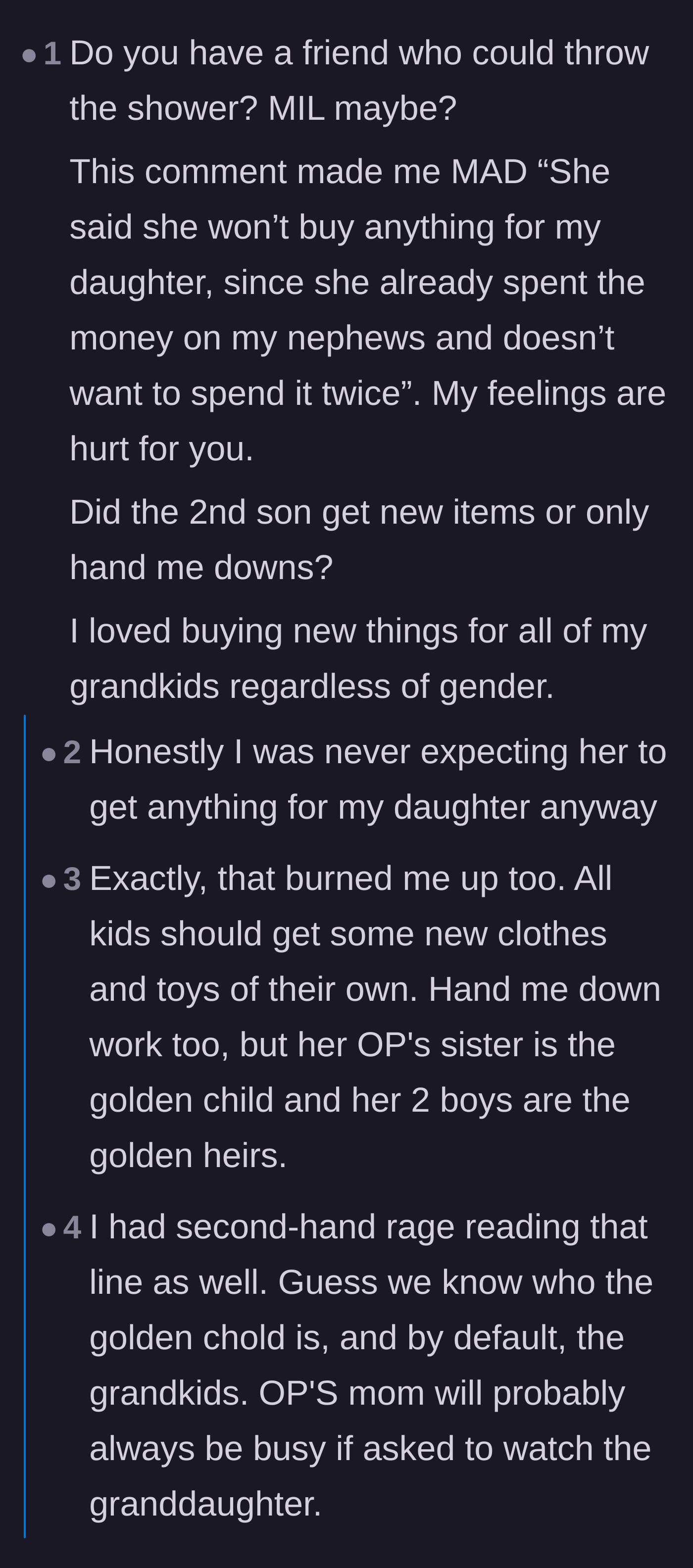 Comment thread 1 - Readers dissecting the mother's blatant favoritism and discussing what a healthy, respectful hand-me-down exchange actually looks like.