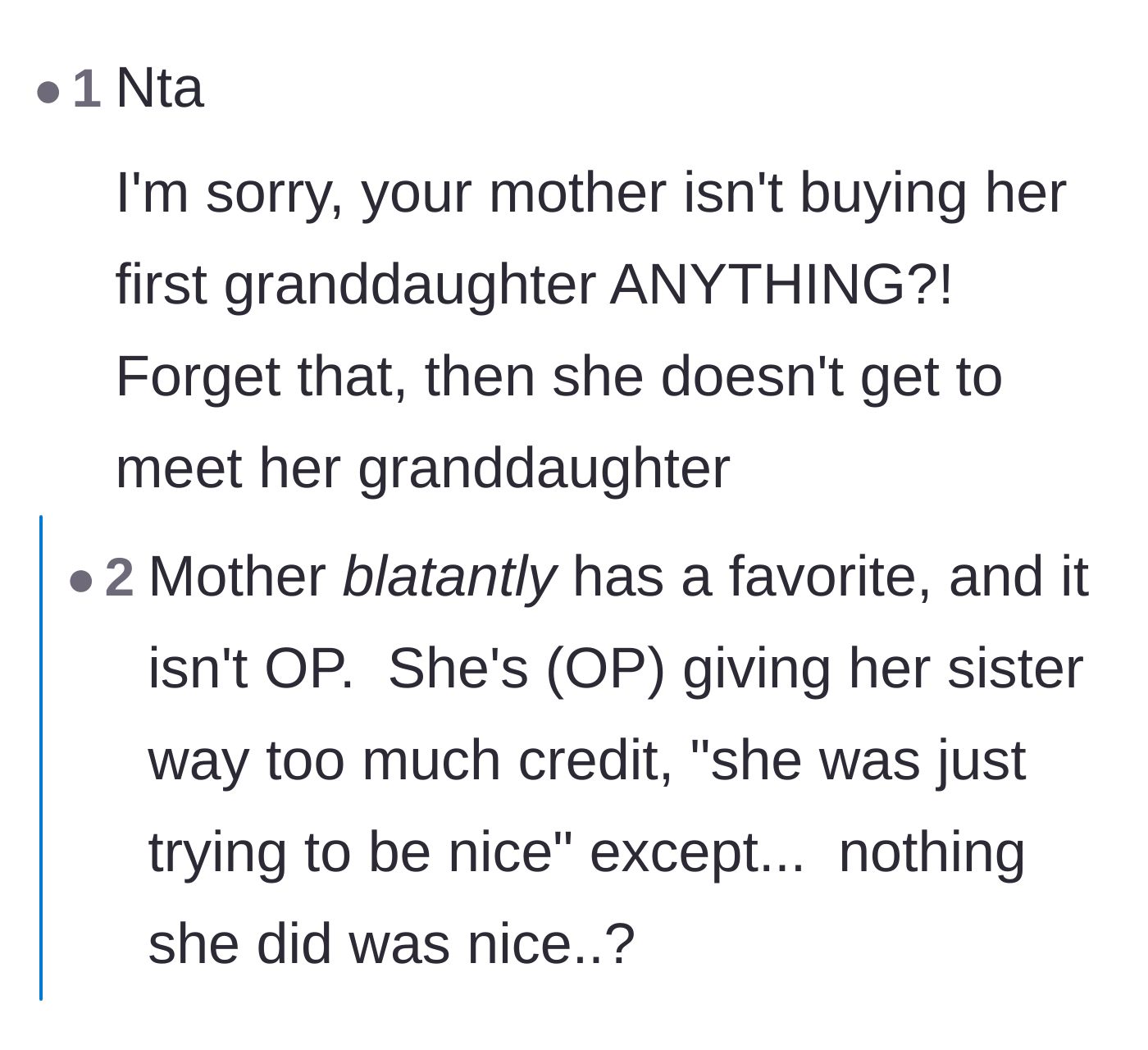 Comment thread 2 - Commenters calling out the mother's refusal to buy gifts and identifying the family's deeply ingrained narcissistic dynamics.