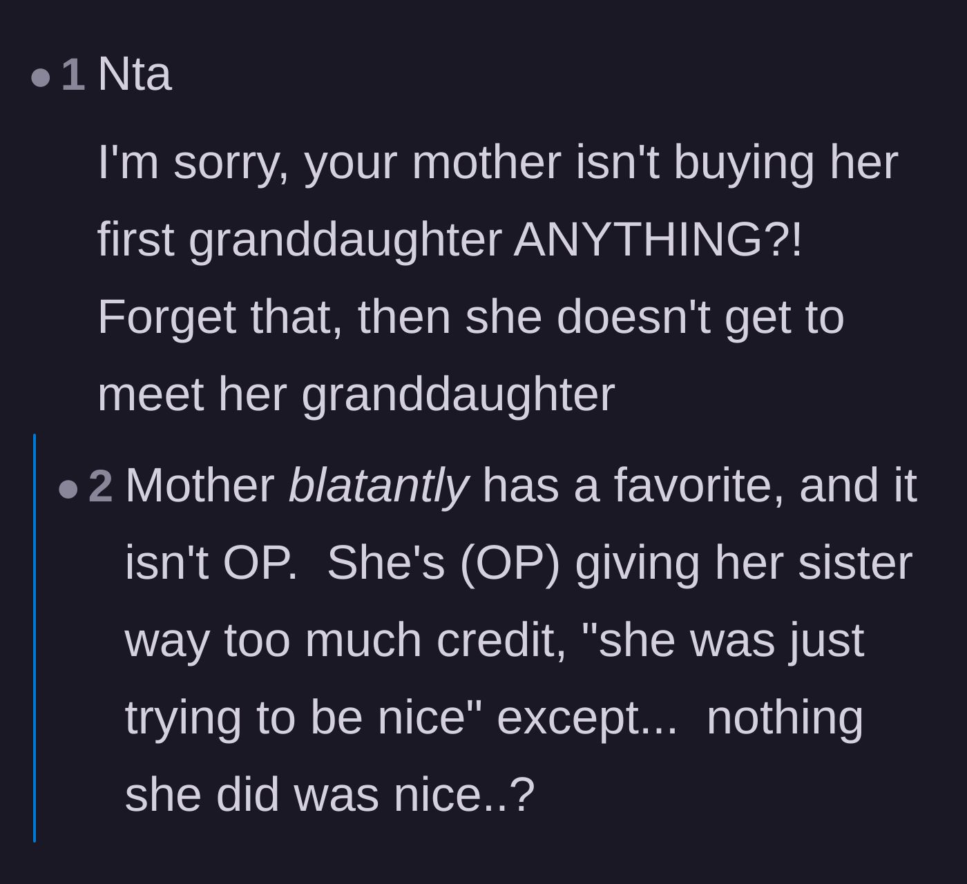 Comment thread 2 - Commenters calling out the mother's refusal to buy gifts and identifying the family's deeply ingrained narcissistic dynamics.