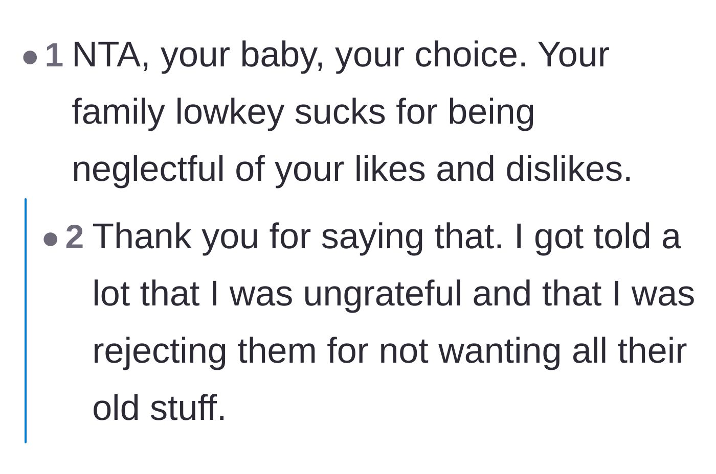 Comment thread 4 - A deep dive into how the sister's baby shower offer was actually a manipulative power play to keep the main character in her place.