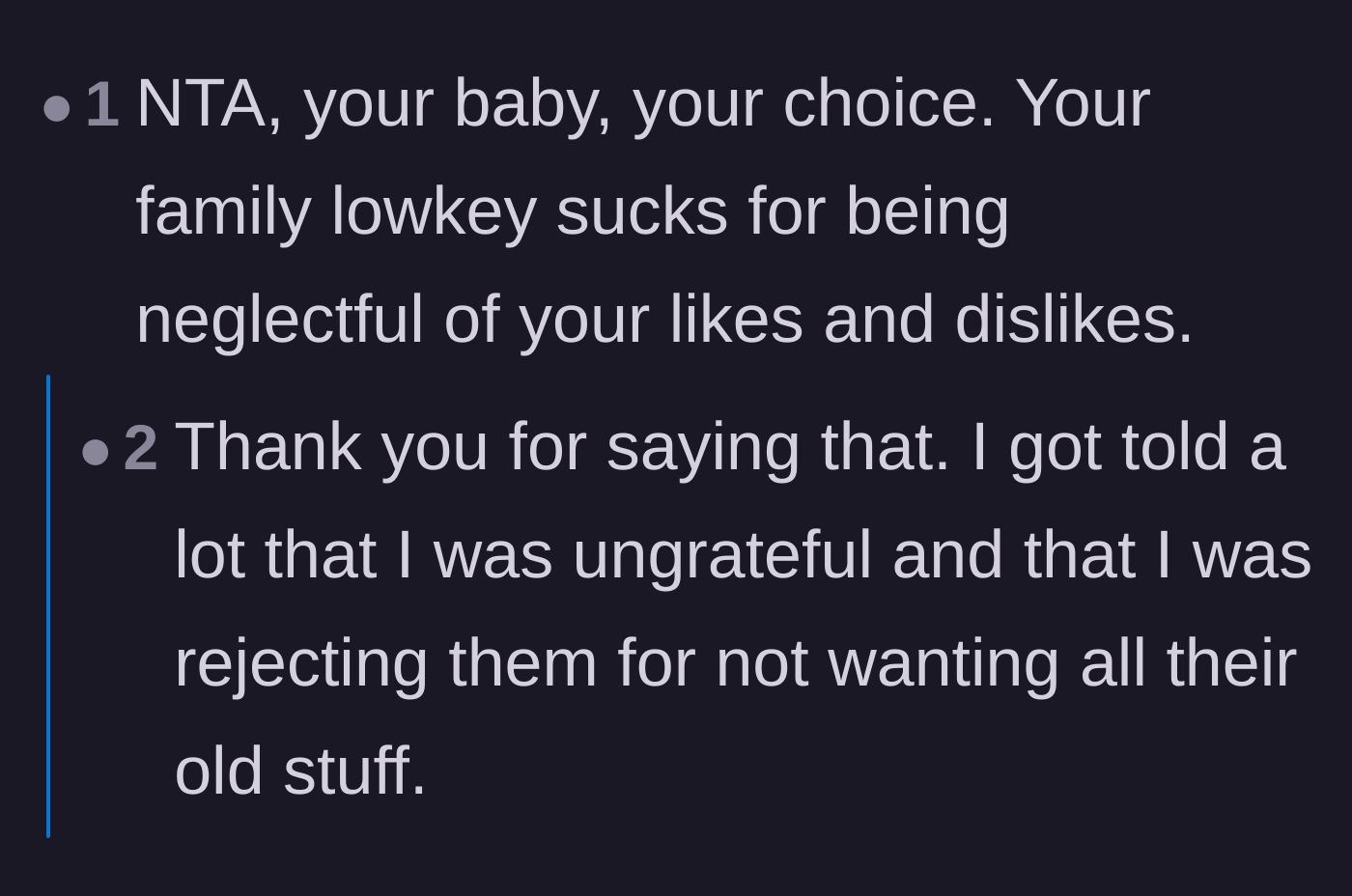 Comment thread 4 - A deep dive into how the sister's baby shower offer was actually a manipulative power play to keep the main character in her place.