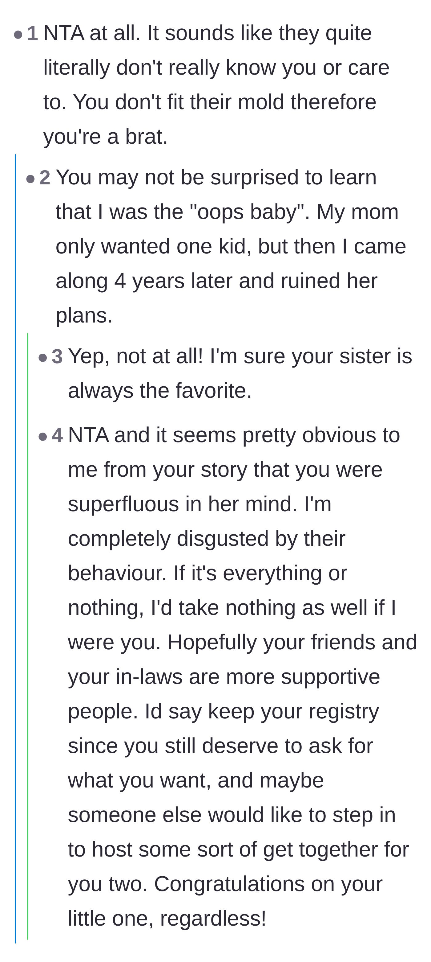 Comment thread 6 - The main character revealing she was an 'oops baby,' which finally explains the family's lifelong, unforgivable resentment towards her.