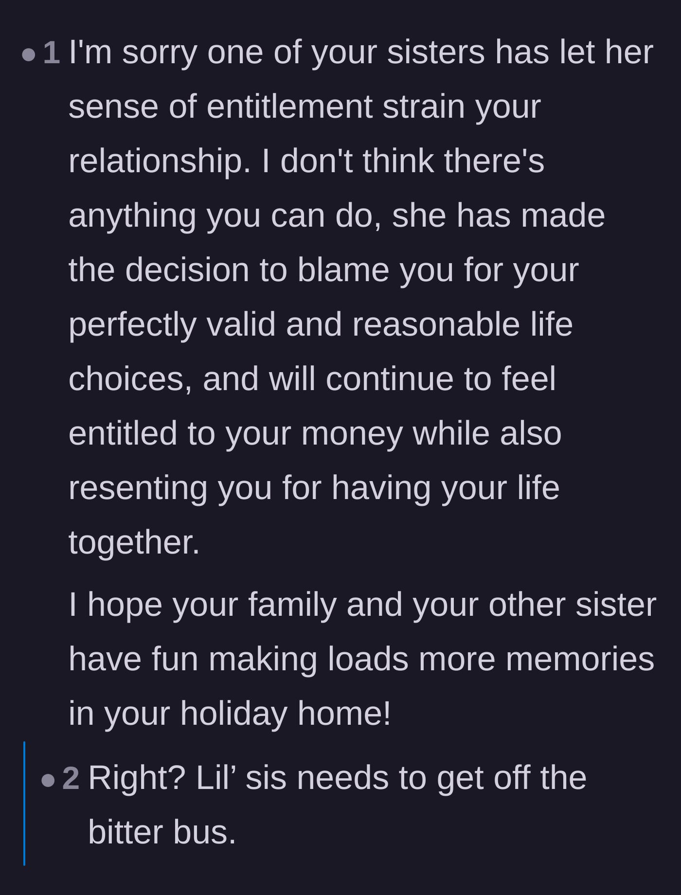 Comment thread 1 - Readers dissecting the younger sister's displaced bitterness and financial envy.