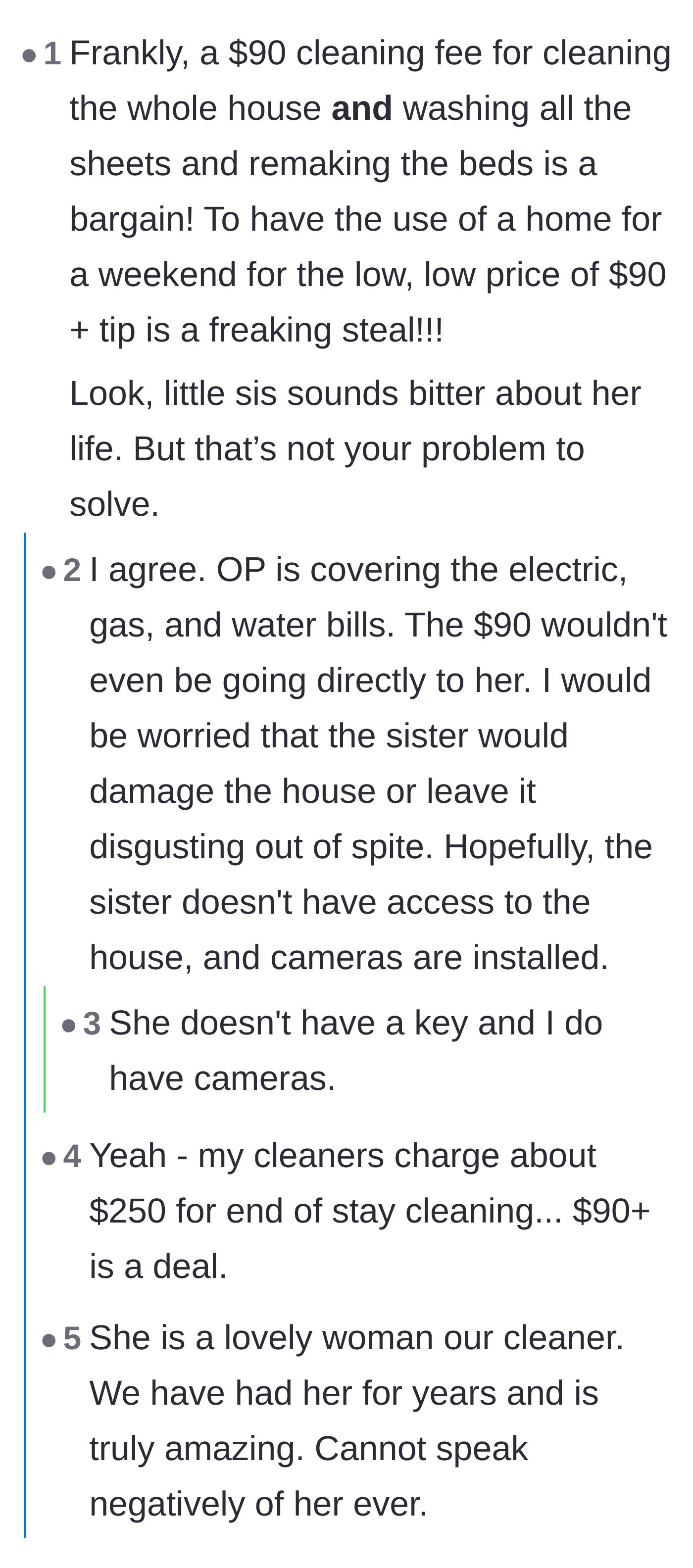 Comment thread 2 - A discussion on the absolute bargain of a $90 cleaning fee for a whole house.