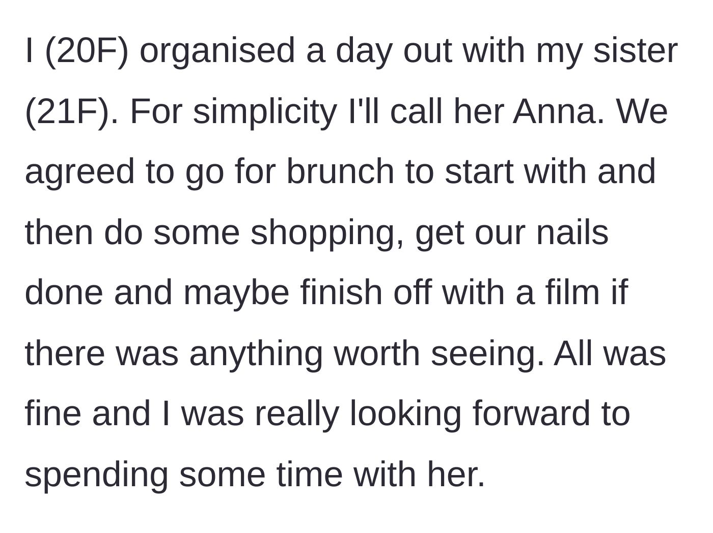 Story part 1 - 20F main character plans a perfect girls' day out with her 21F sister, Anna, including brunch, shopping, and nails.
