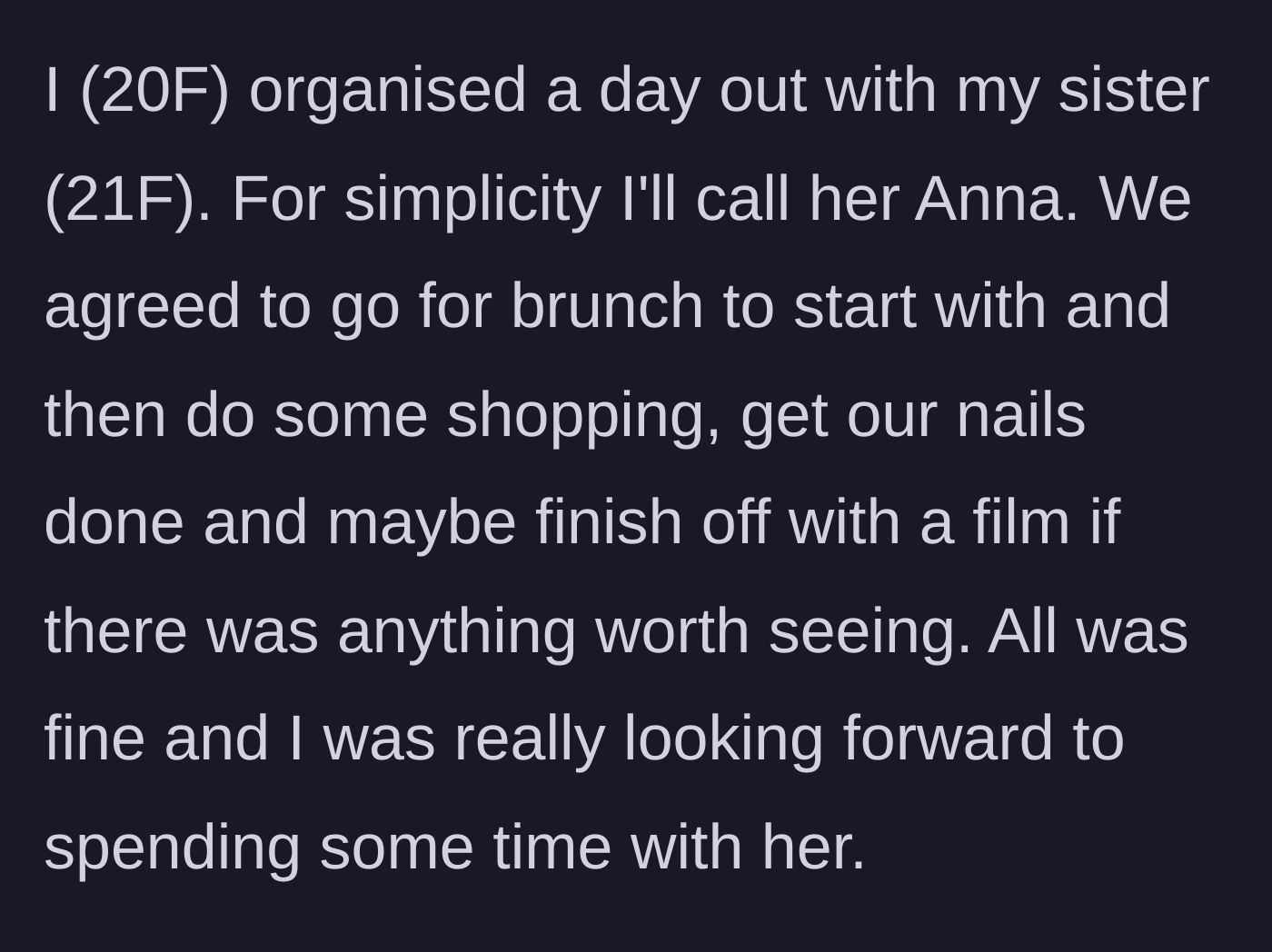 Story part 1 - 20F main character plans a perfect girls' day out with her 21F sister, Anna, including brunch, shopping, and nails.