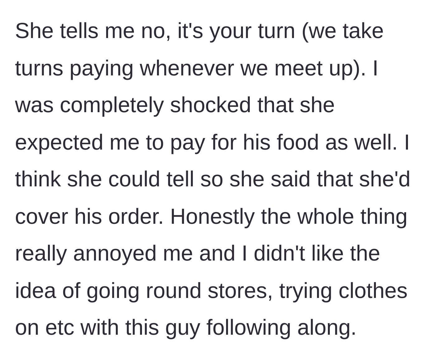 Story part 4 - Anna tries to make the main character pay for the boyfriend's meal since it was her turn to treat, though she eventually backs down.