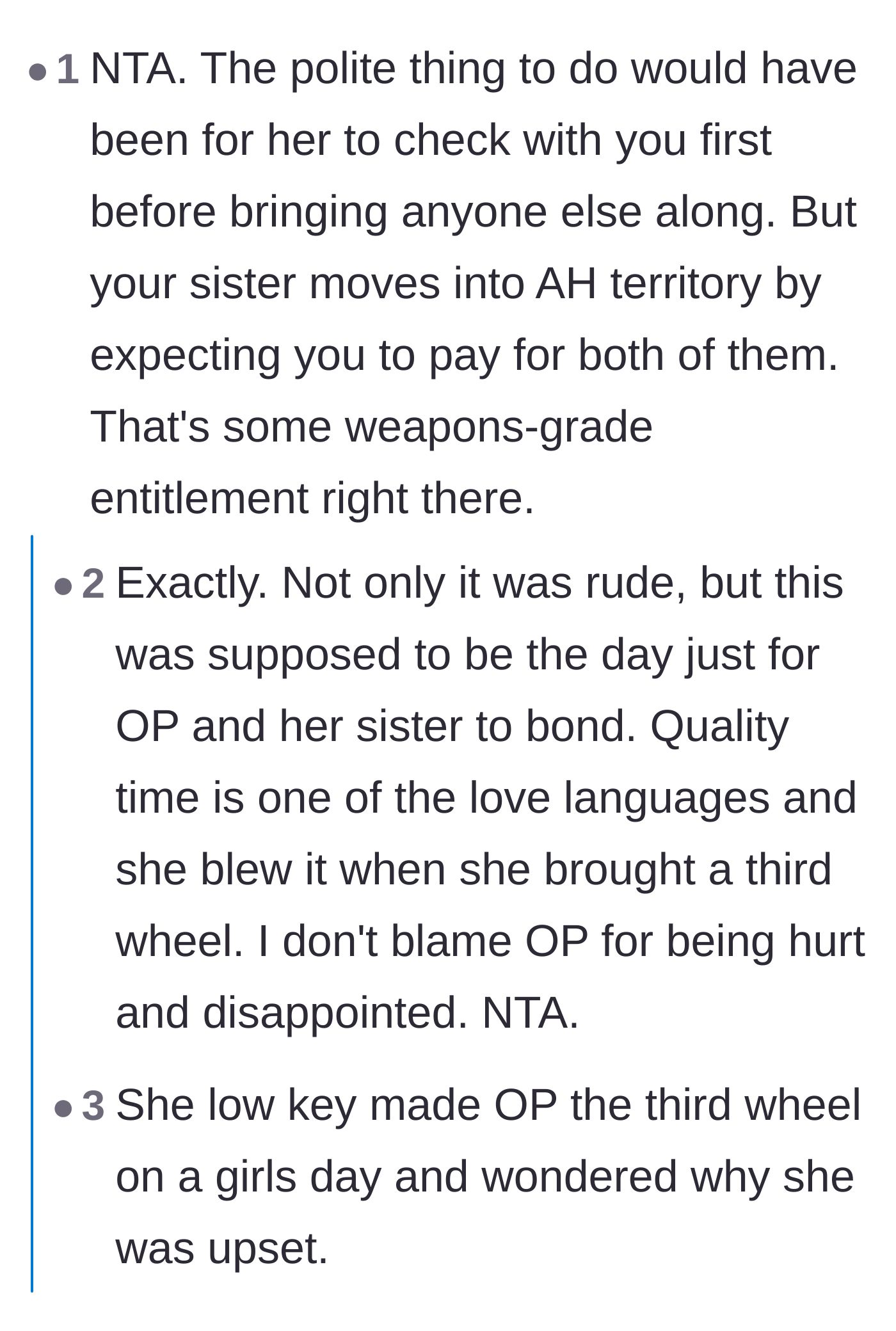 Comment thread 1 - Discussing the extreme entitlement of expecting the main character to pay and turning her into a third wheel.