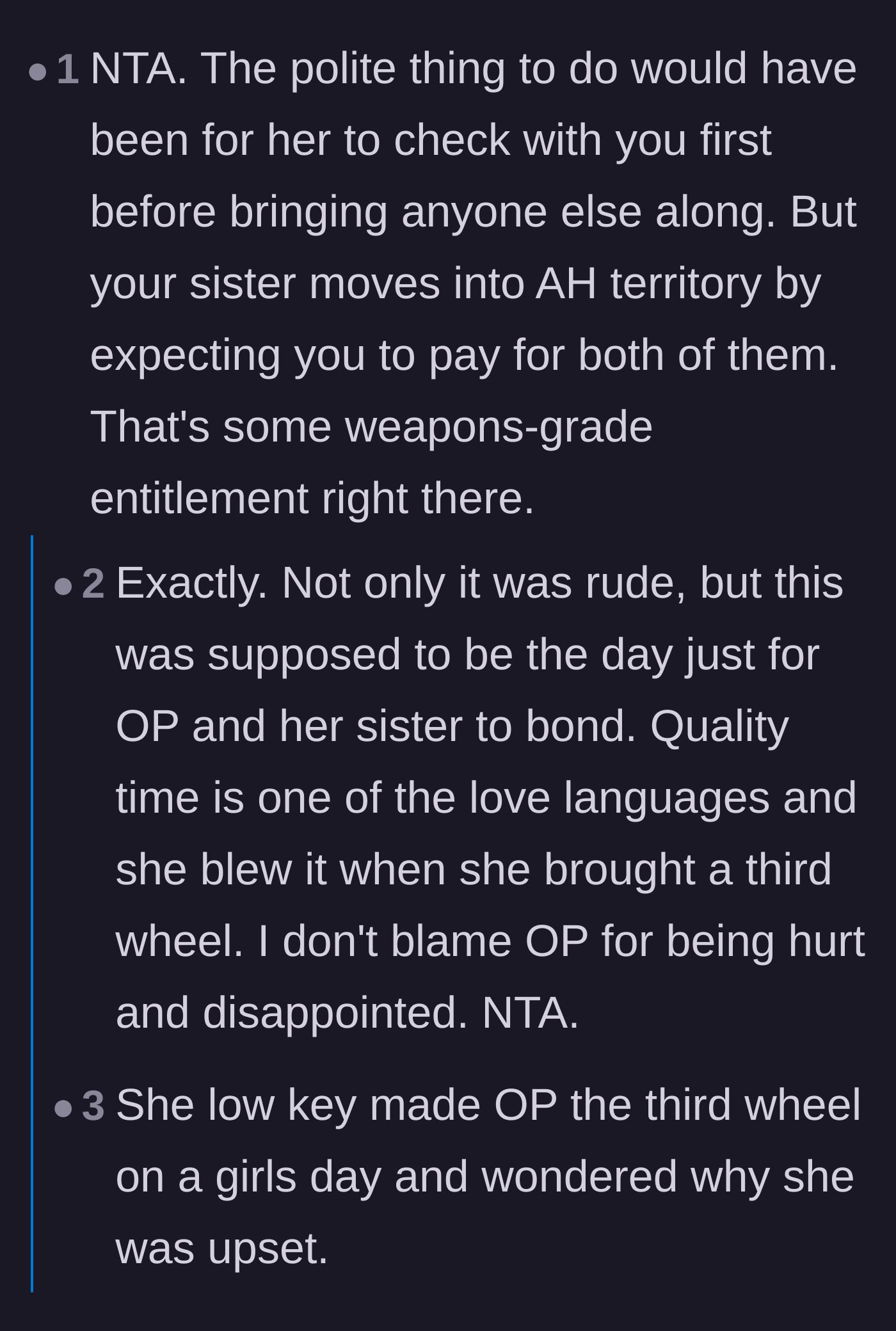 Comment thread 1 - Discussing the extreme entitlement of expecting the main character to pay and turning her into a third wheel.