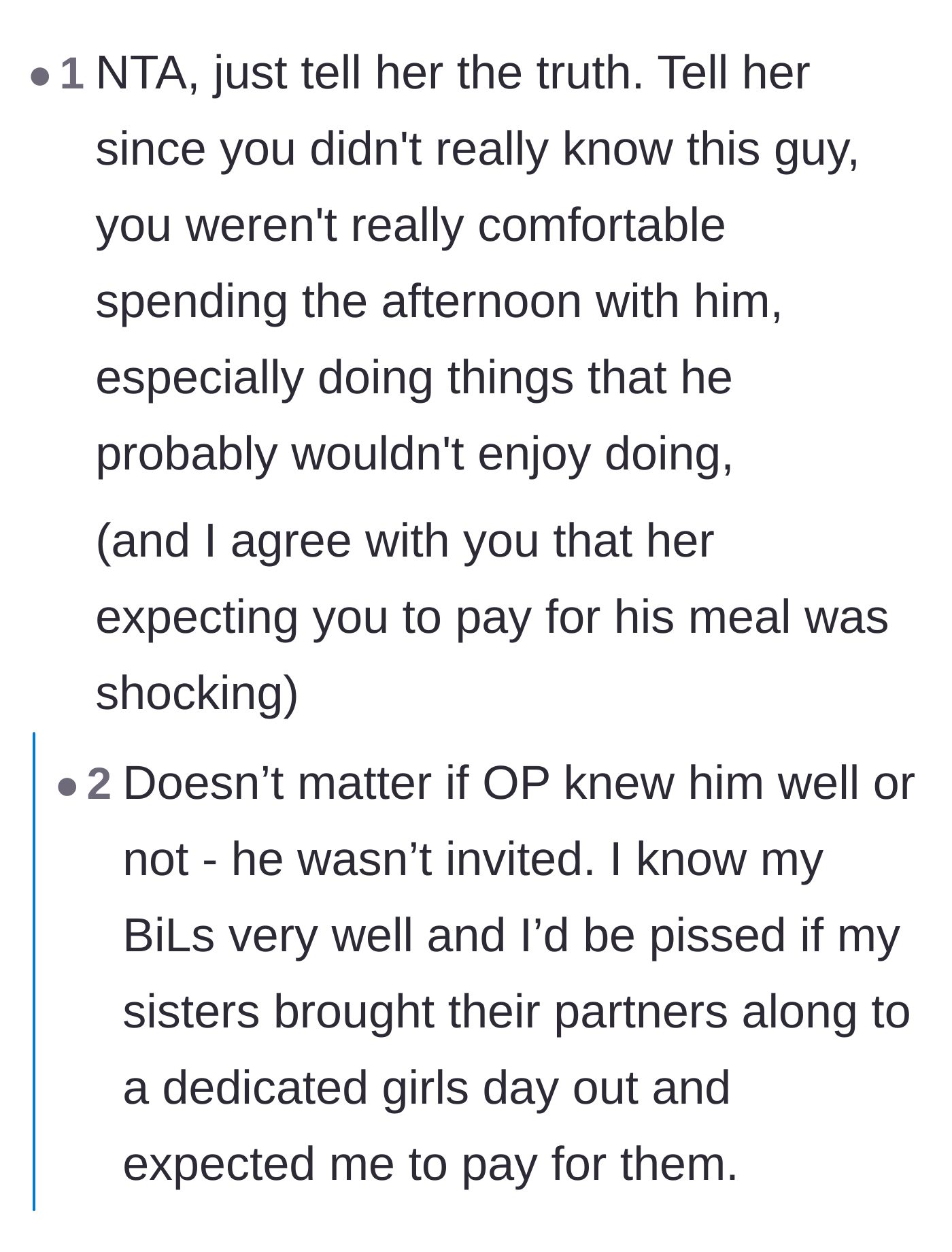 Comment thread 2 - Advice on telling the truth and reiterating that an uninvited guest is always out of line, regardless of how well you know them.