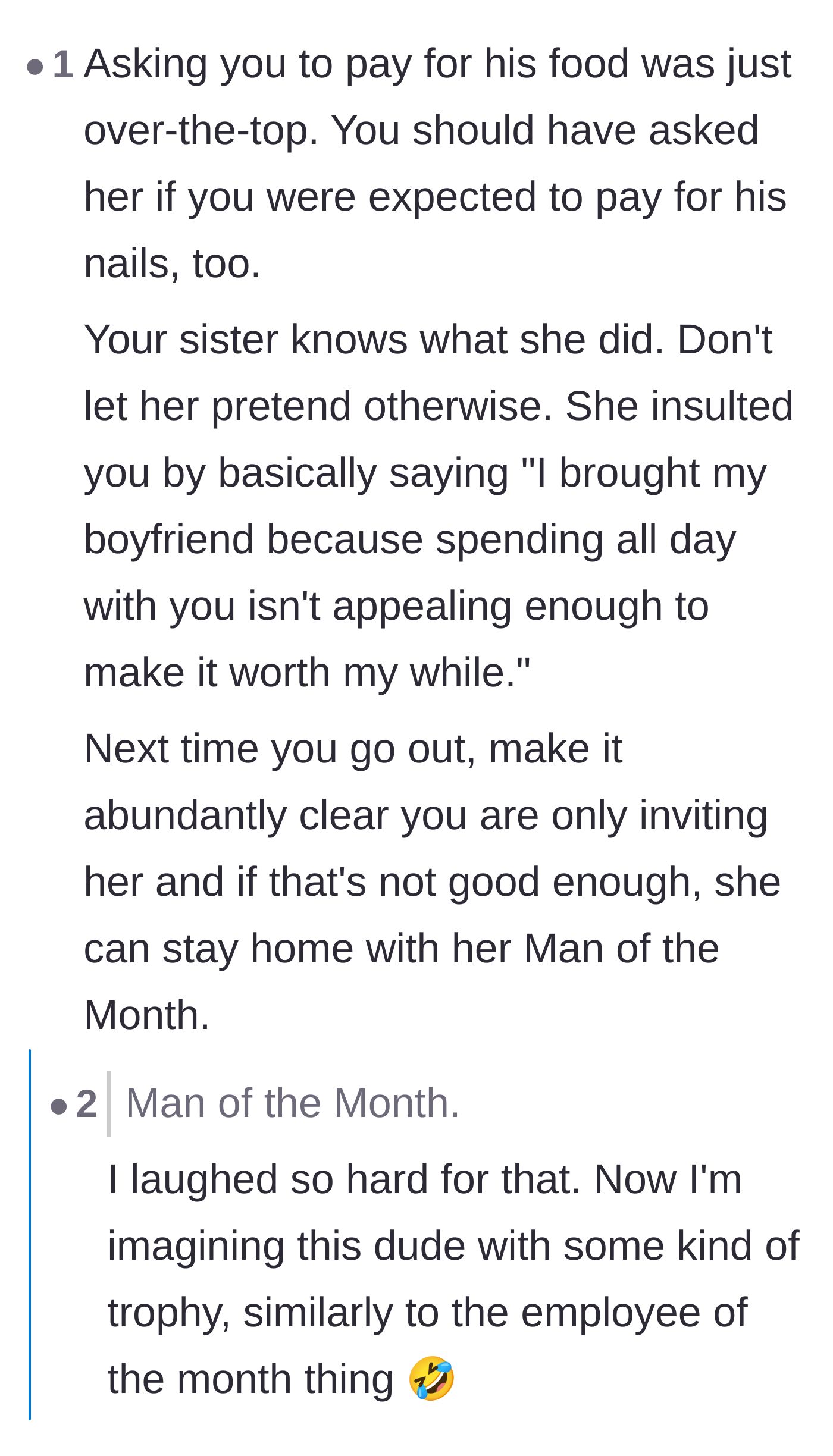 Comment thread 3 - Sarcastic suggestion to ask if the main character should pay for the boyfriend's nails too, and coining the nickname 'Man of the Month.'