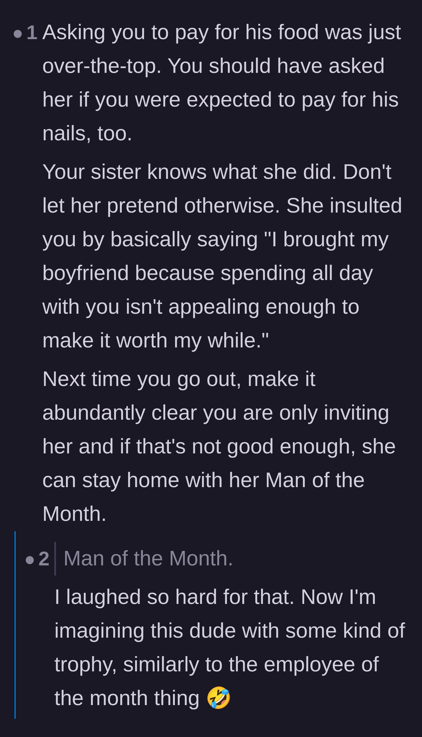 Comment thread 3 - Sarcastic suggestion to ask if the main character should pay for the boyfriend's nails too, and coining the nickname 'Man of the Month.'