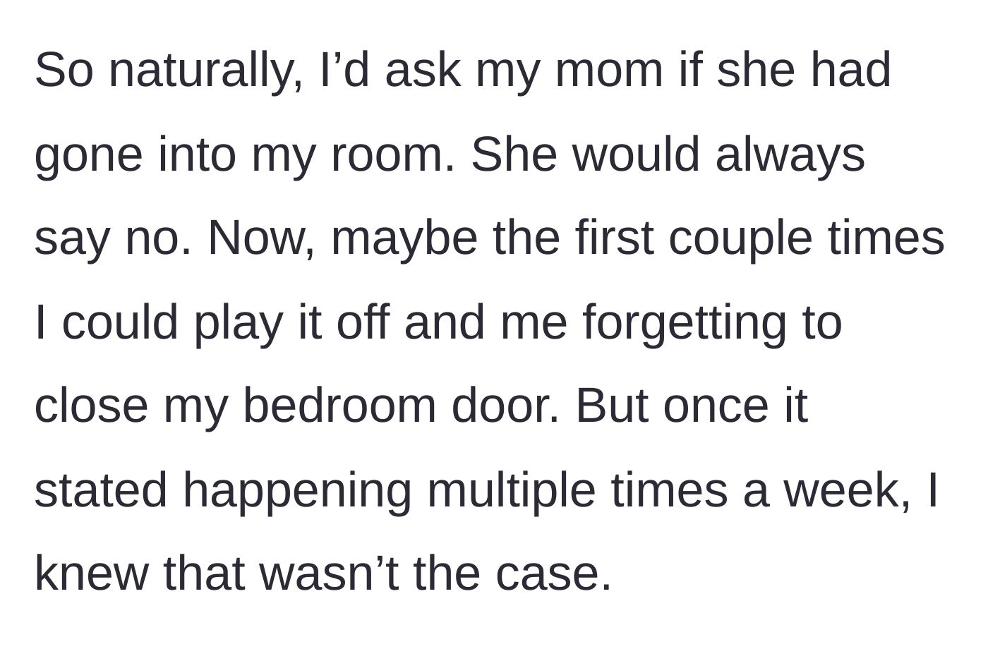 Story part 3 - A mom shaking her head innocently while lying.