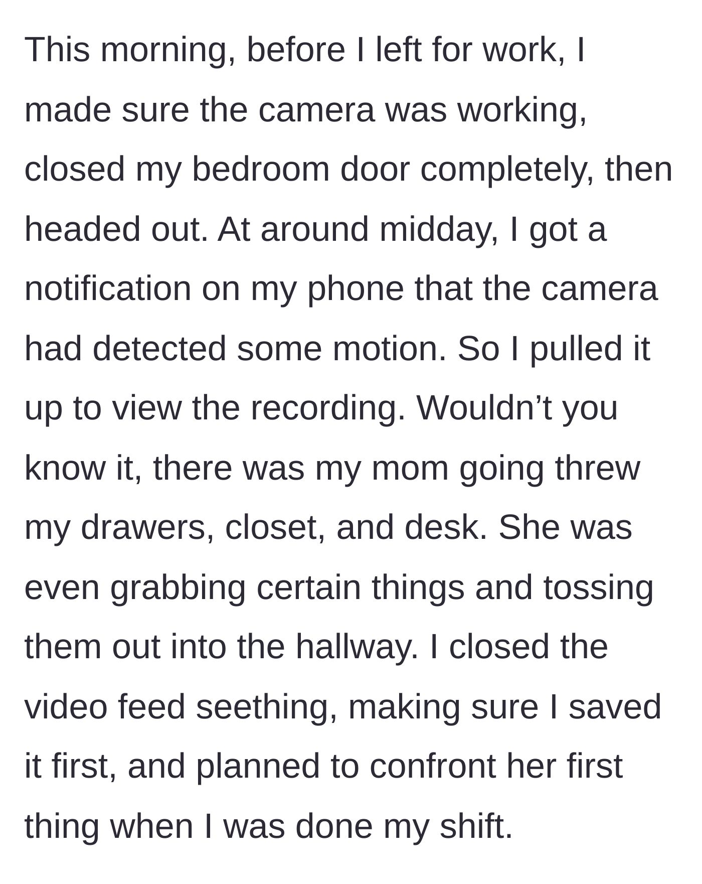 Story part 5 - A smartphone screen showing security footage of a woman tossing clothes into a hallway.