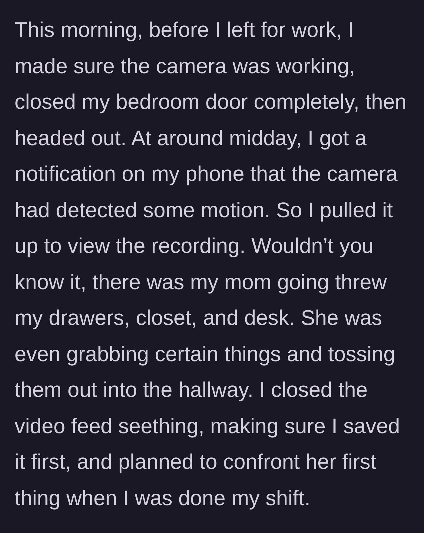 Story part 5 - A smartphone screen showing security footage of a woman tossing clothes into a hallway.