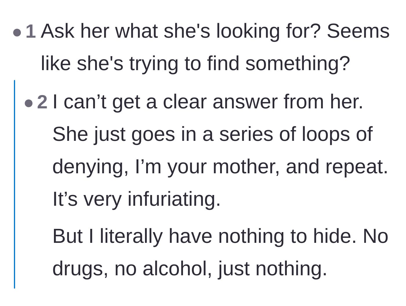 Comment thread 2 - Discussing the mom's refusal to explain what she was searching for and her circular logic.