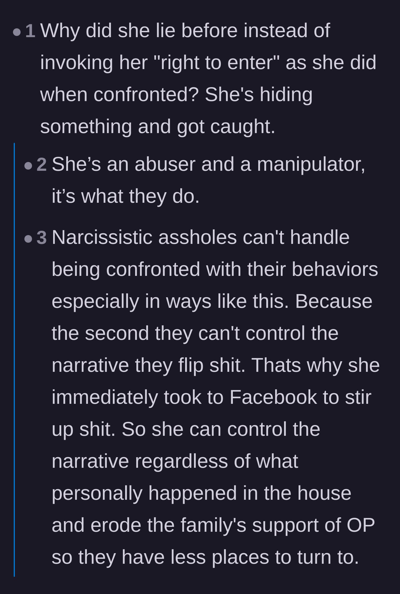 Comment thread 4 - An analysis of the mother's manipulative behavior and her need to control the family narrative.