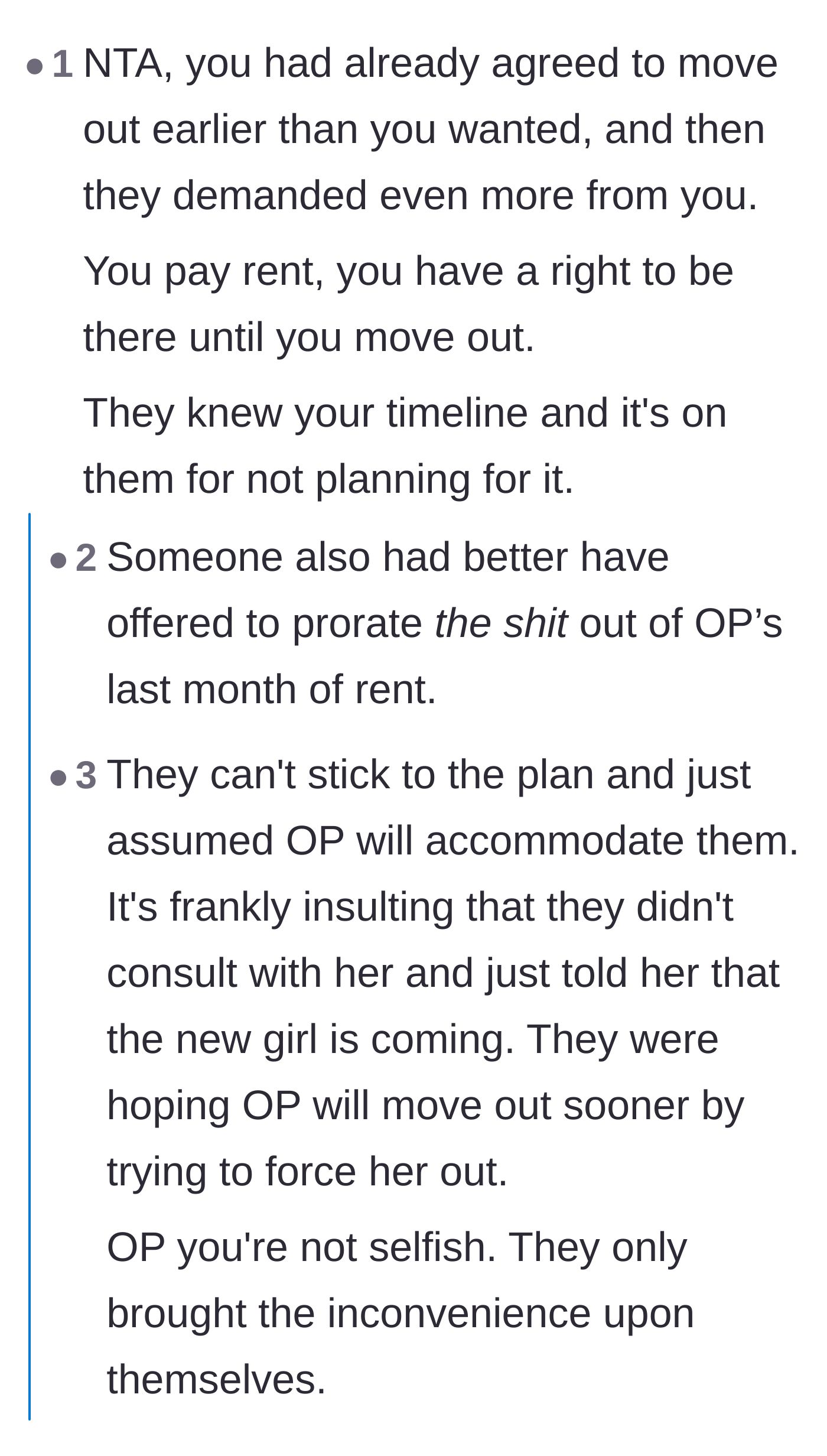Comment thread 1 - Readers pointing out the tenant's right to the room and asking if anyone offered prorated rent.