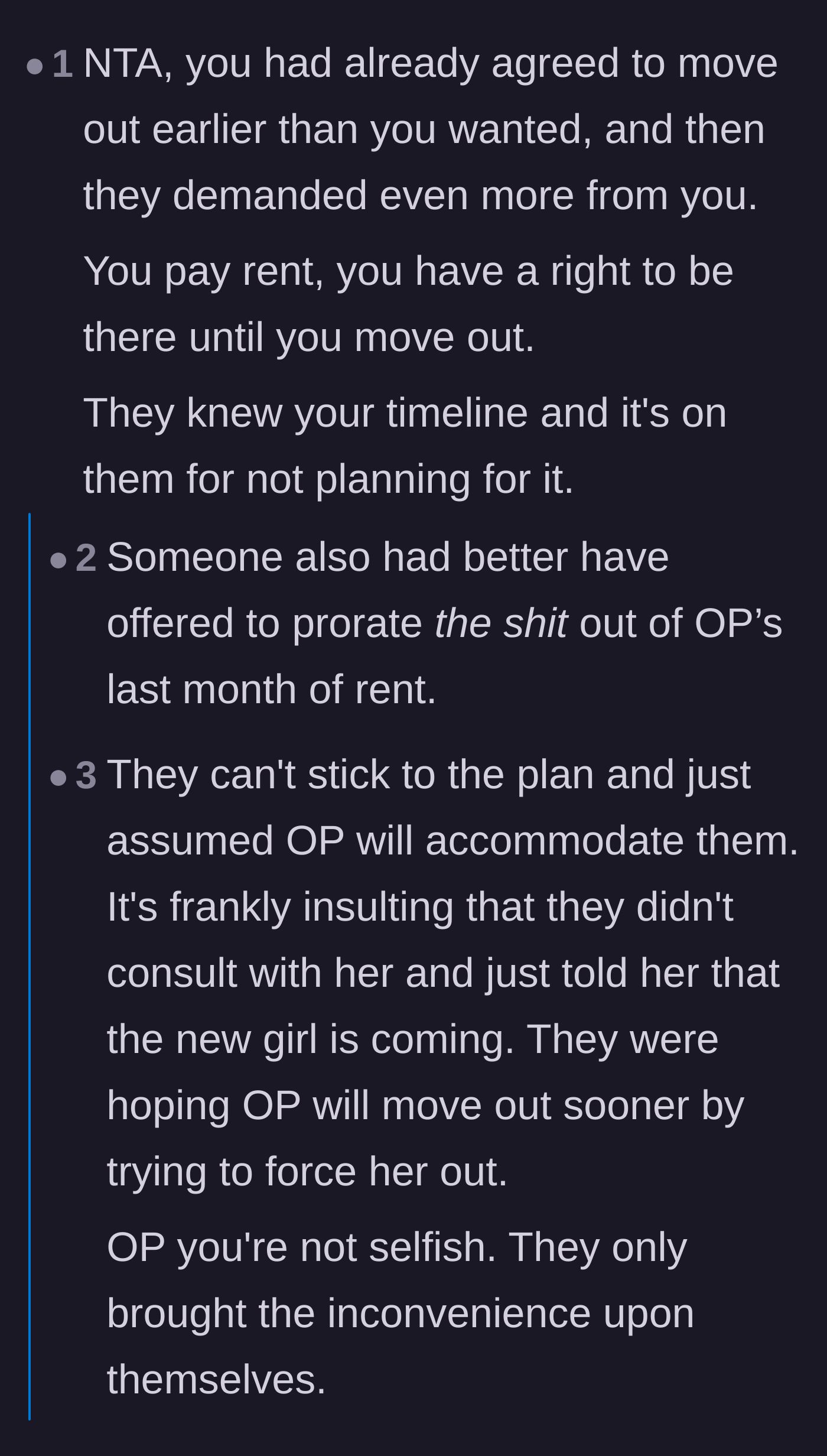 Comment thread 1 - Readers pointing out the tenant's right to the room and asking if anyone offered prorated rent.