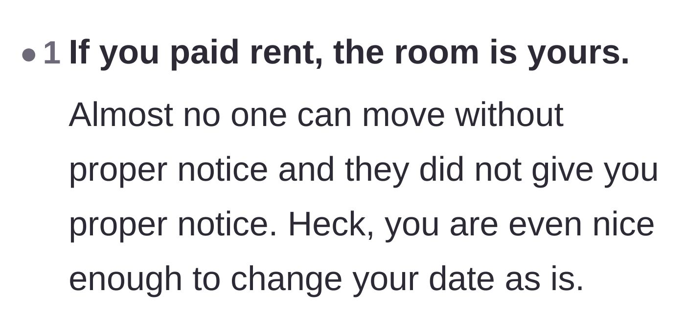 Comment thread 2 - A brief reminder that paying rent guarantees the room and that proper notice was never given.
