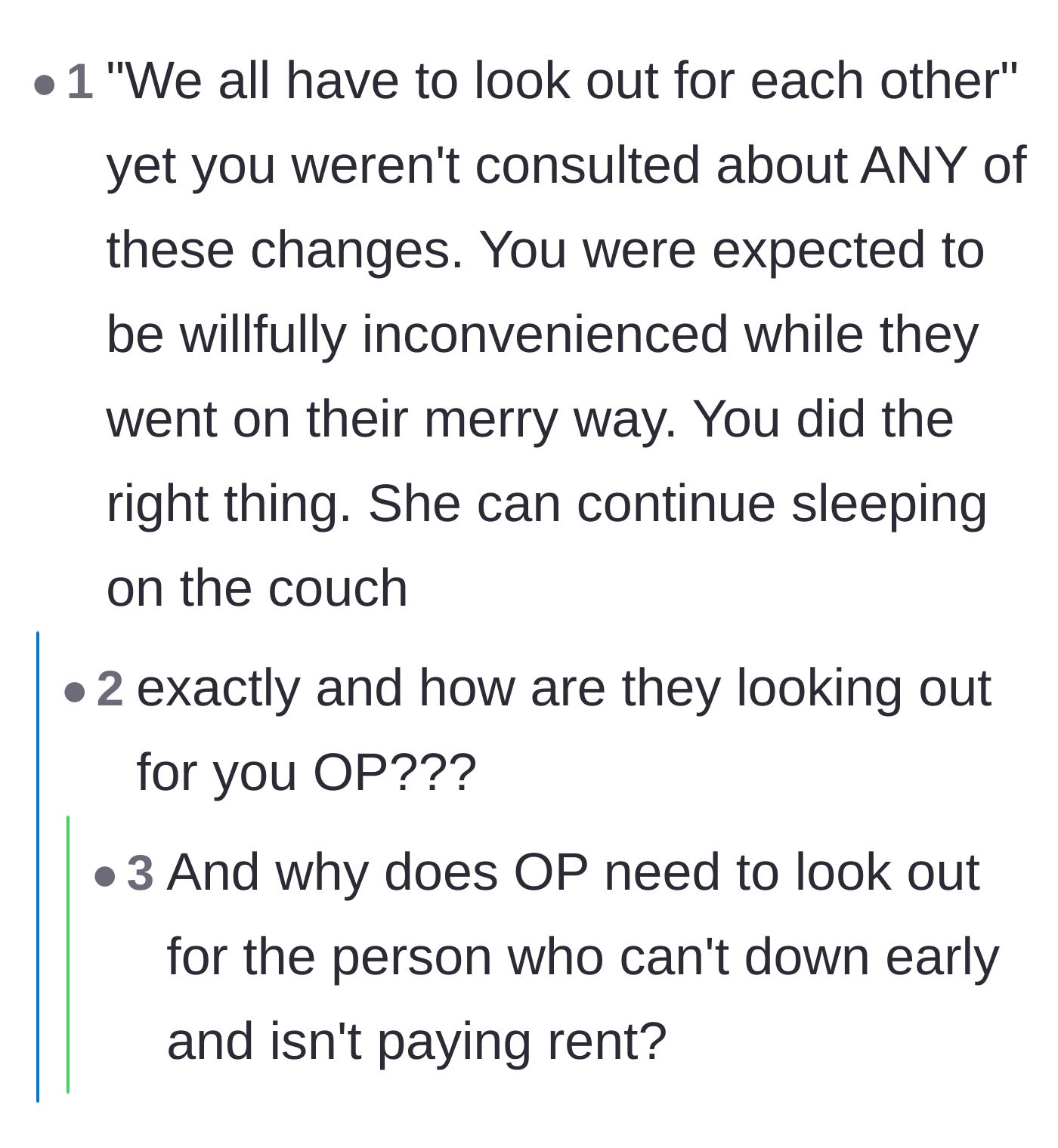 Comment thread 4 - Calling out the roommate's gross hypocrisy about everyone needing to look out for each other.
