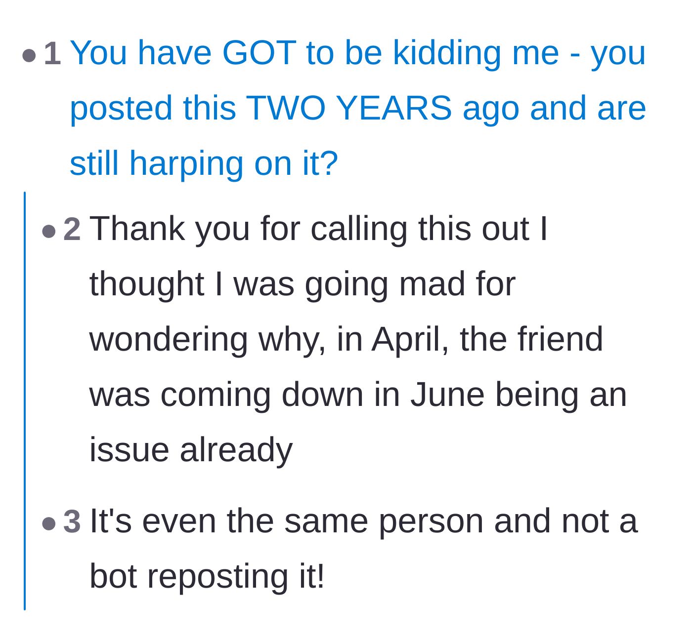 Comment thread 6 - Internet sleuths calling out the author for reposting an old story with a confusing timeline.