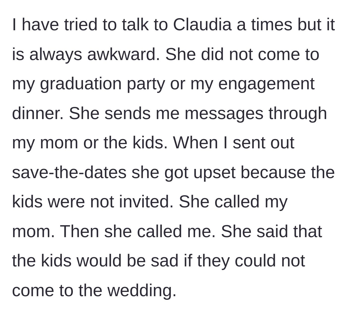 Story part 3 - The sister skipped the bride's previous milestones, communicates through their mom, and then complains when the kids don't get wedding save-the-dates.