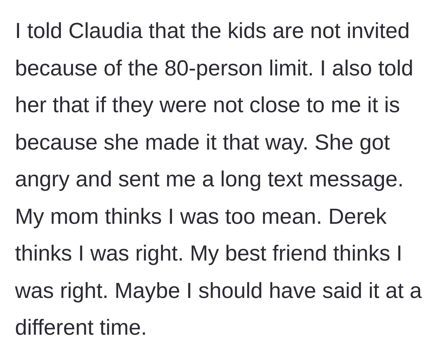 Story part 4 - The bride tells her sister the lack of a relationship with the kids is the sister's own fault, leading to angry texts and divided family opinions.