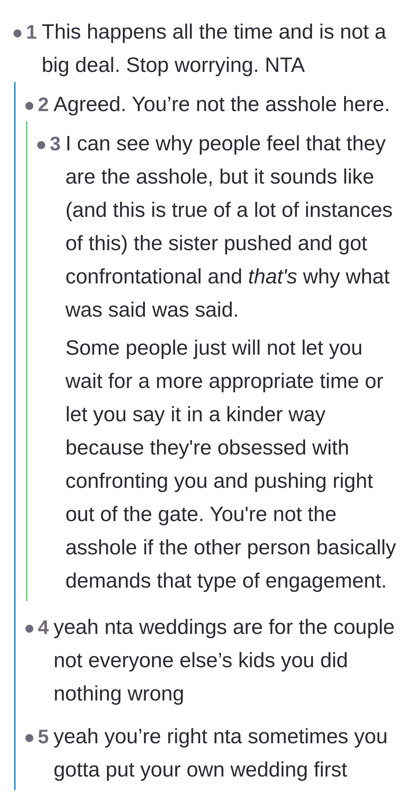 Comment thread 1 - Readers pointing out that the sister forced the confrontation by pushing the bride into a corner.