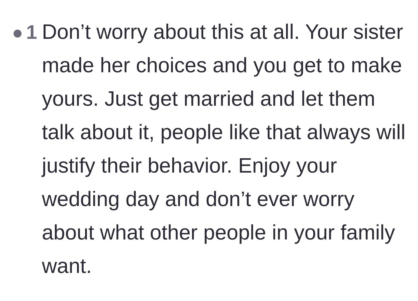 Comment thread 2 - A supportive reply telling the bride to ignore the gossip and prioritize her own happiness on her wedding day.
