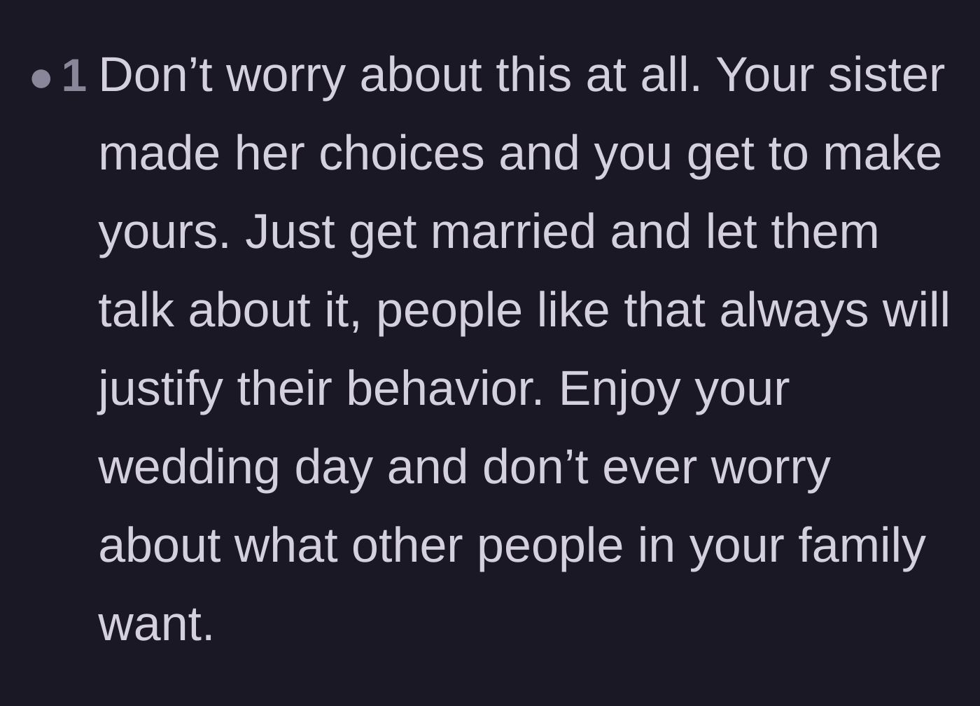 Comment thread 2 - A supportive reply telling the bride to ignore the gossip and prioritize her own happiness on her wedding day.