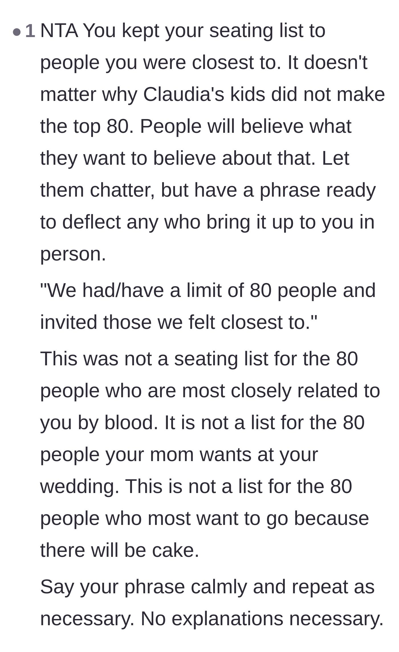 Comment thread 5 - A commenter giving the bride a bulletproof, repetitive script to use against anyone questioning her guest list choices.