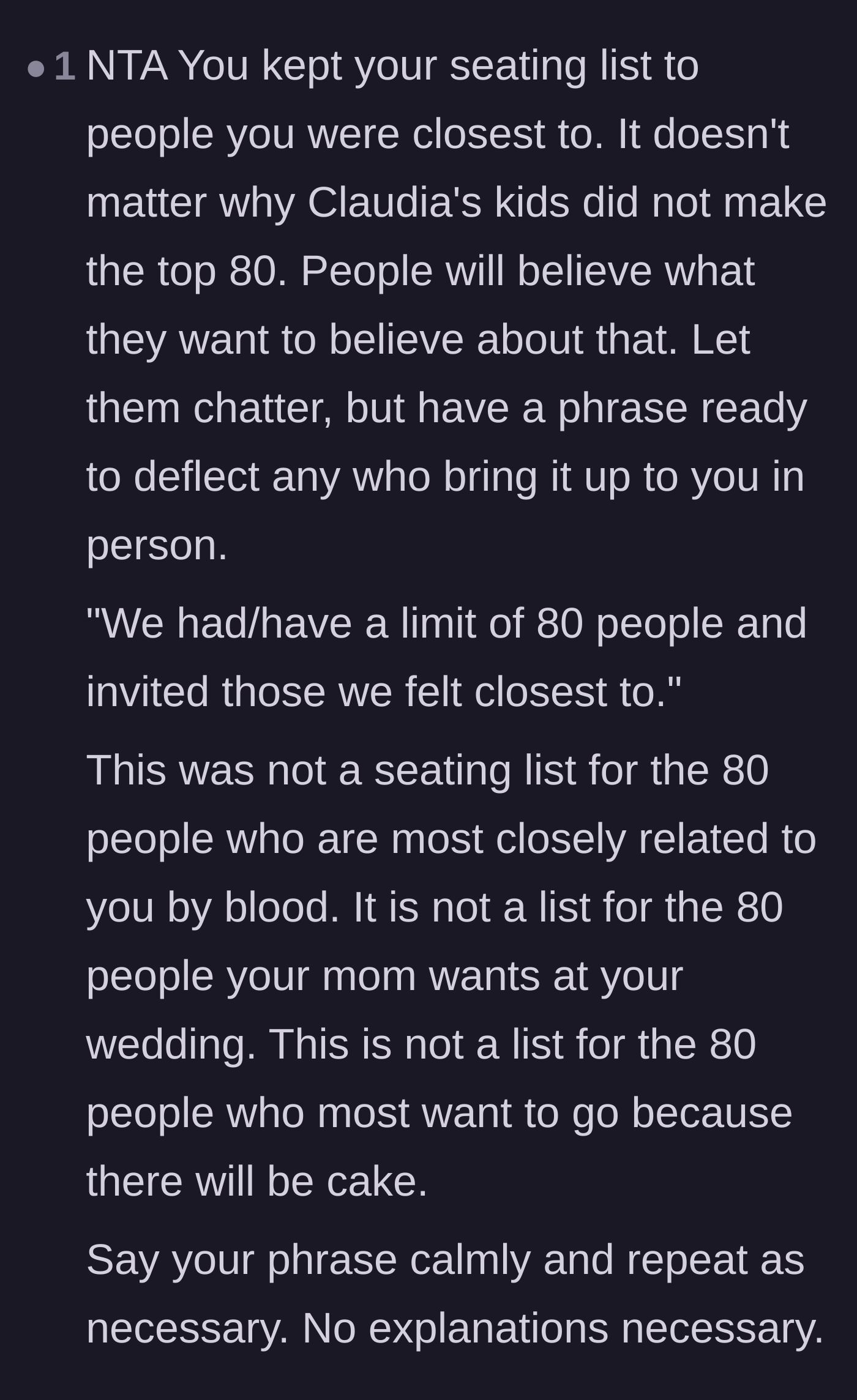 Comment thread 5 - A commenter giving the bride a bulletproof, repetitive script to use against anyone questioning her guest list choices.