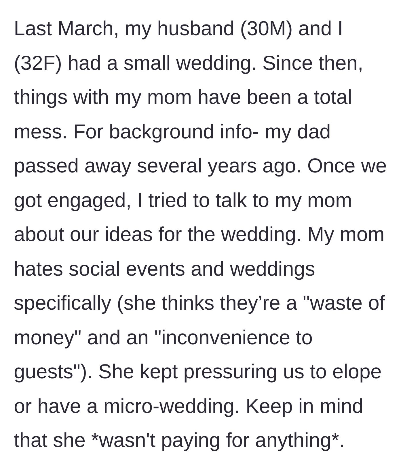 Story part 1 - A text post detailing a bride's mother complaining about weddings being a waste of money despite not paying for her daughter's wedding.