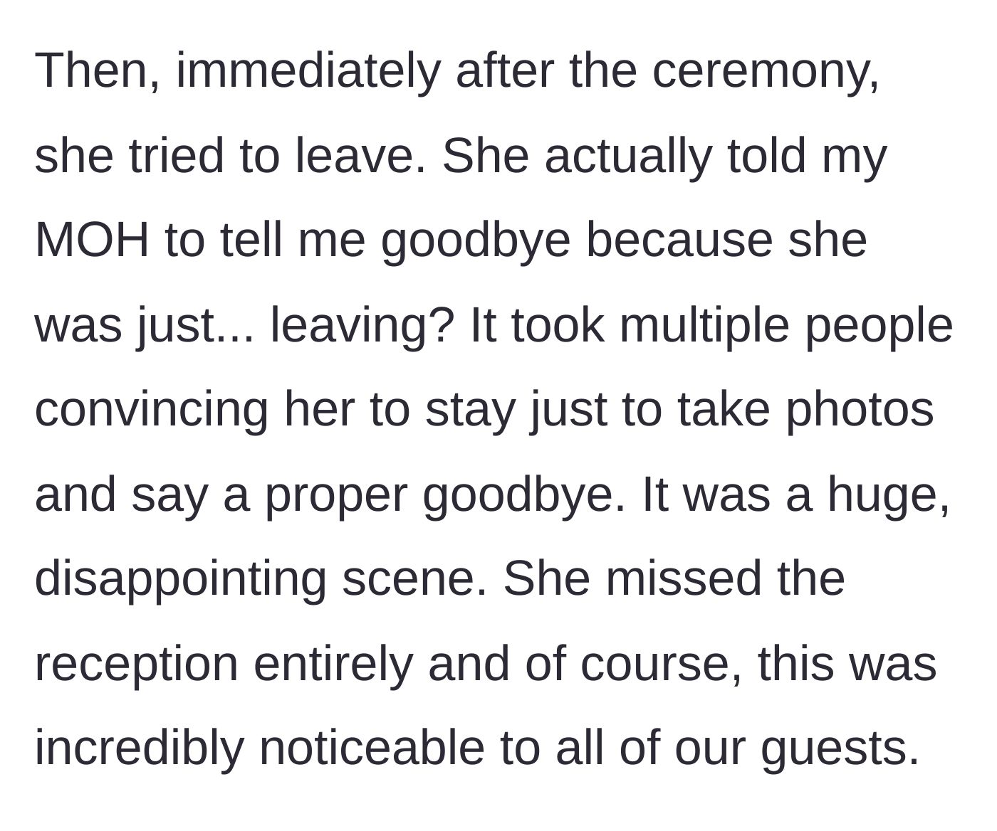 Story part 4 - A text post about the mother trying to leave immediately after the ceremony, making a huge scene, and missing the reception.