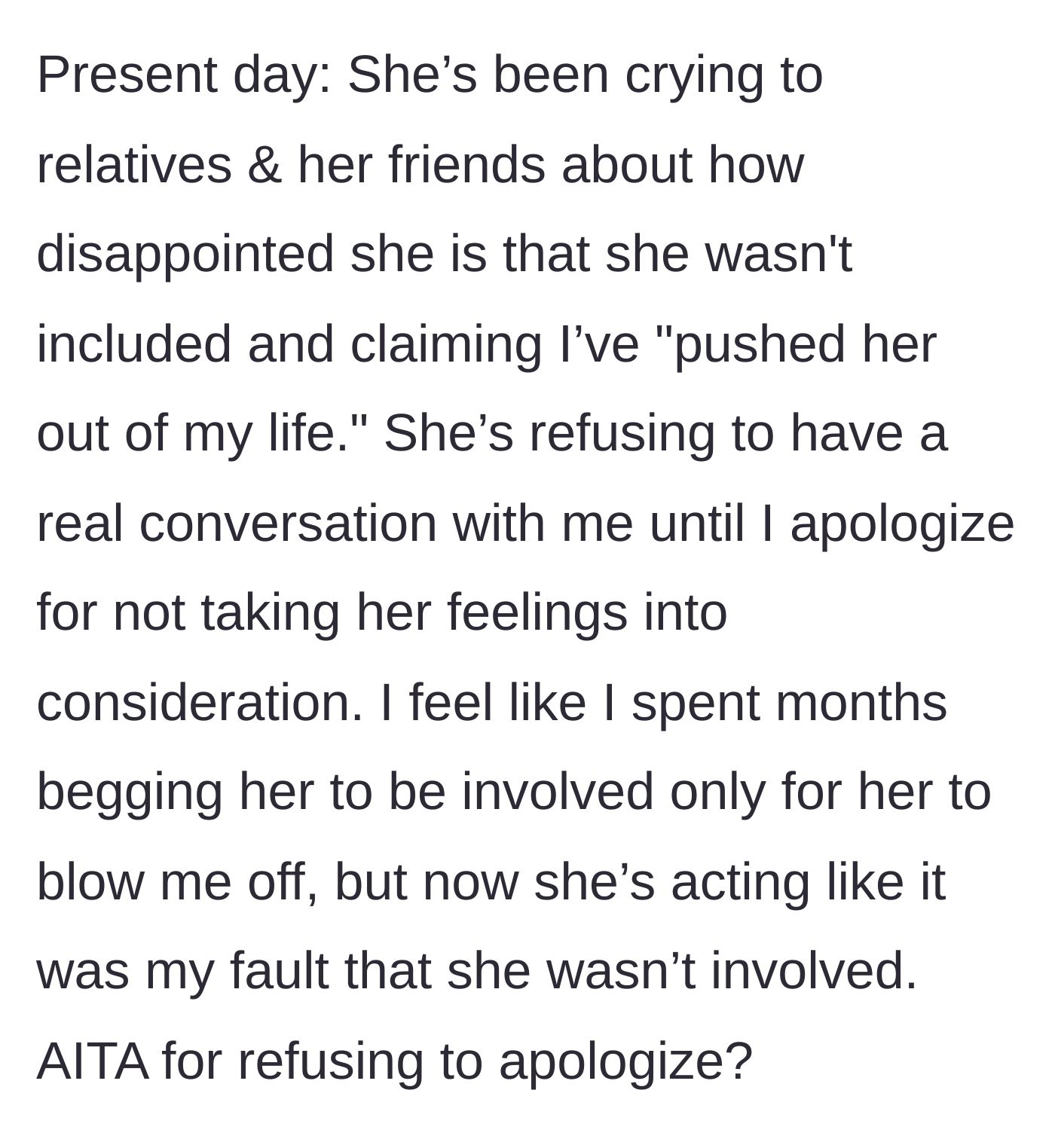 Story part 5 - A text post revealing the mother's current smear campaign to relatives, demanding an apology for being 'pushed out' of the wedding.