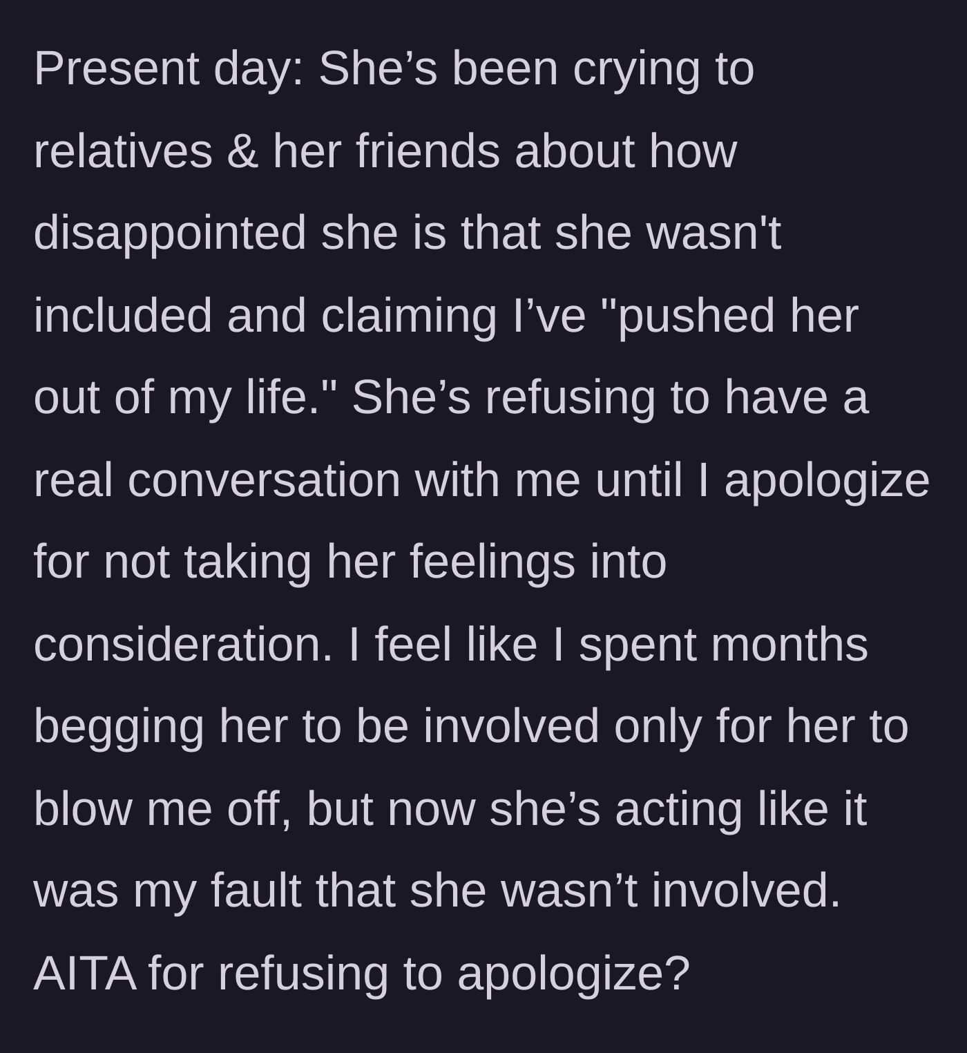 Story part 5 - A text post revealing the mother's current smear campaign to relatives, demanding an apology for being 'pushed out' of the wedding.