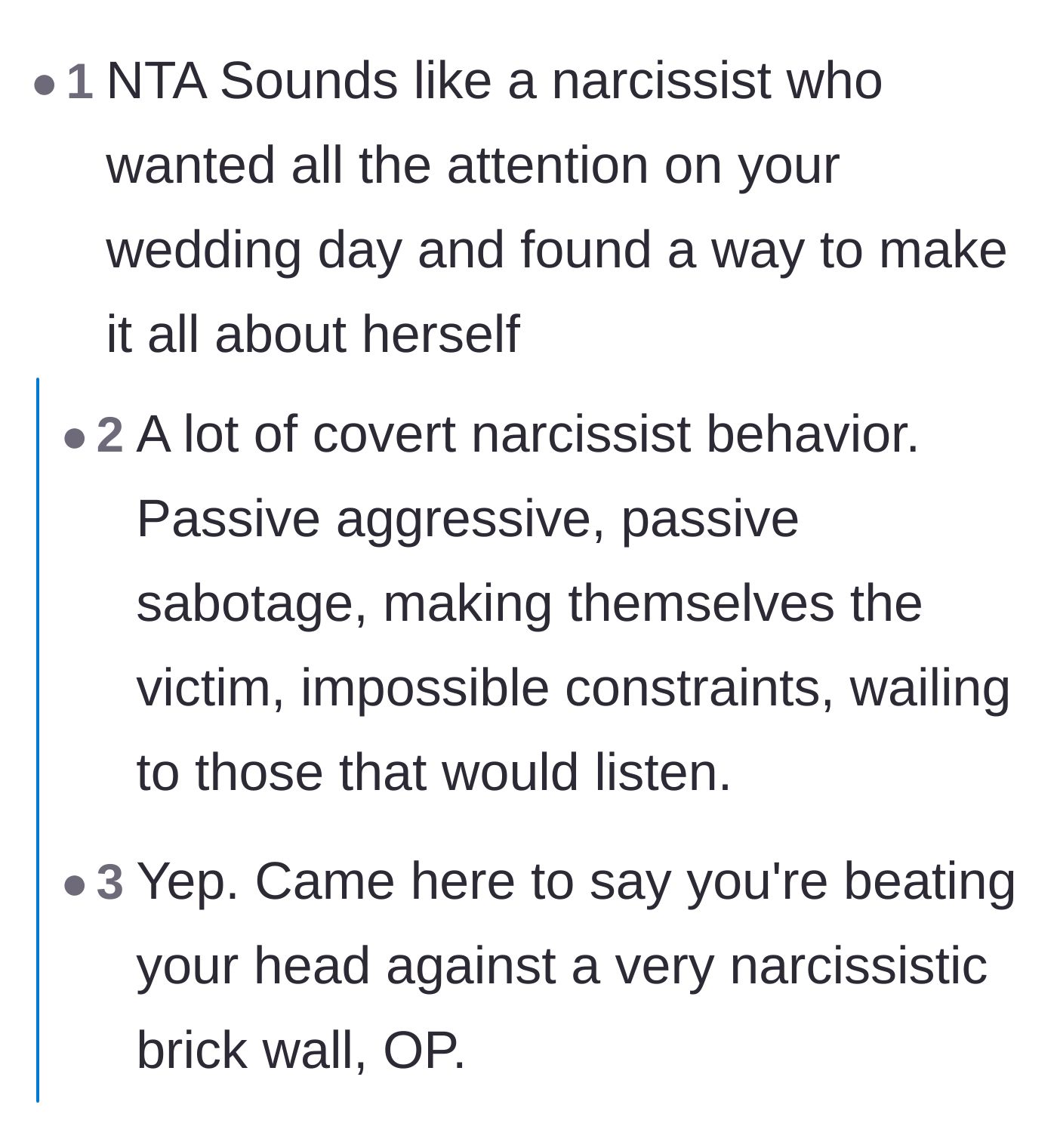 Comment thread 1 - Discussing the mother's narcissistic and passive-aggressive behavior