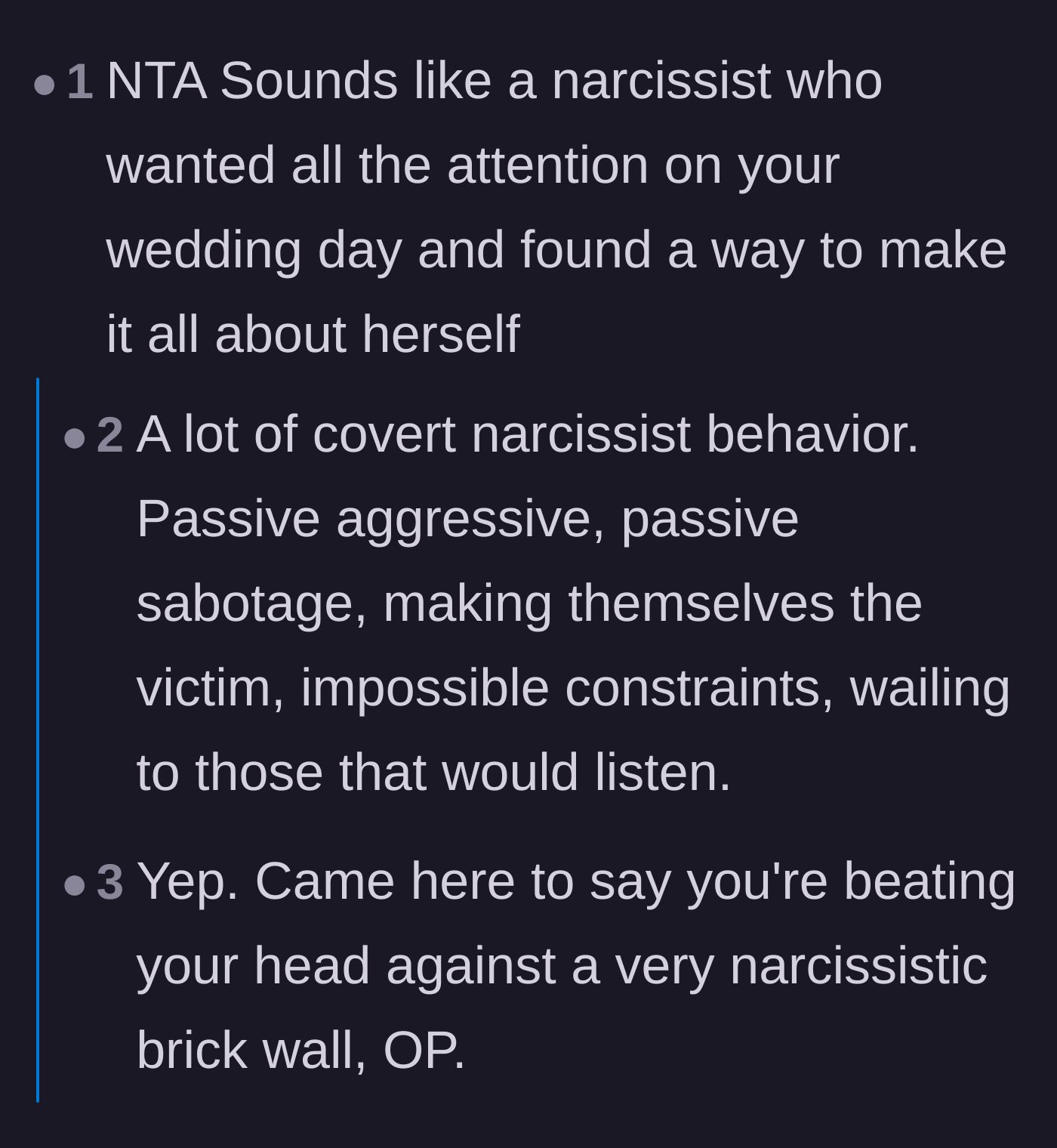 Comment thread 1 - Discussing the mother's narcissistic and passive-aggressive behavior