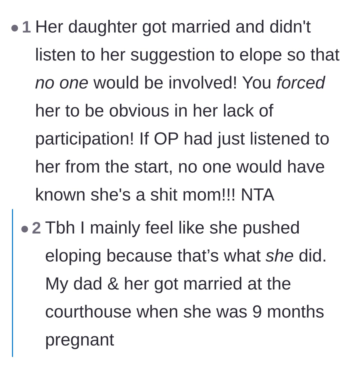 Comment thread 3 - Sarcastic take on how the bride 'forced' her mom to look like a bad parent