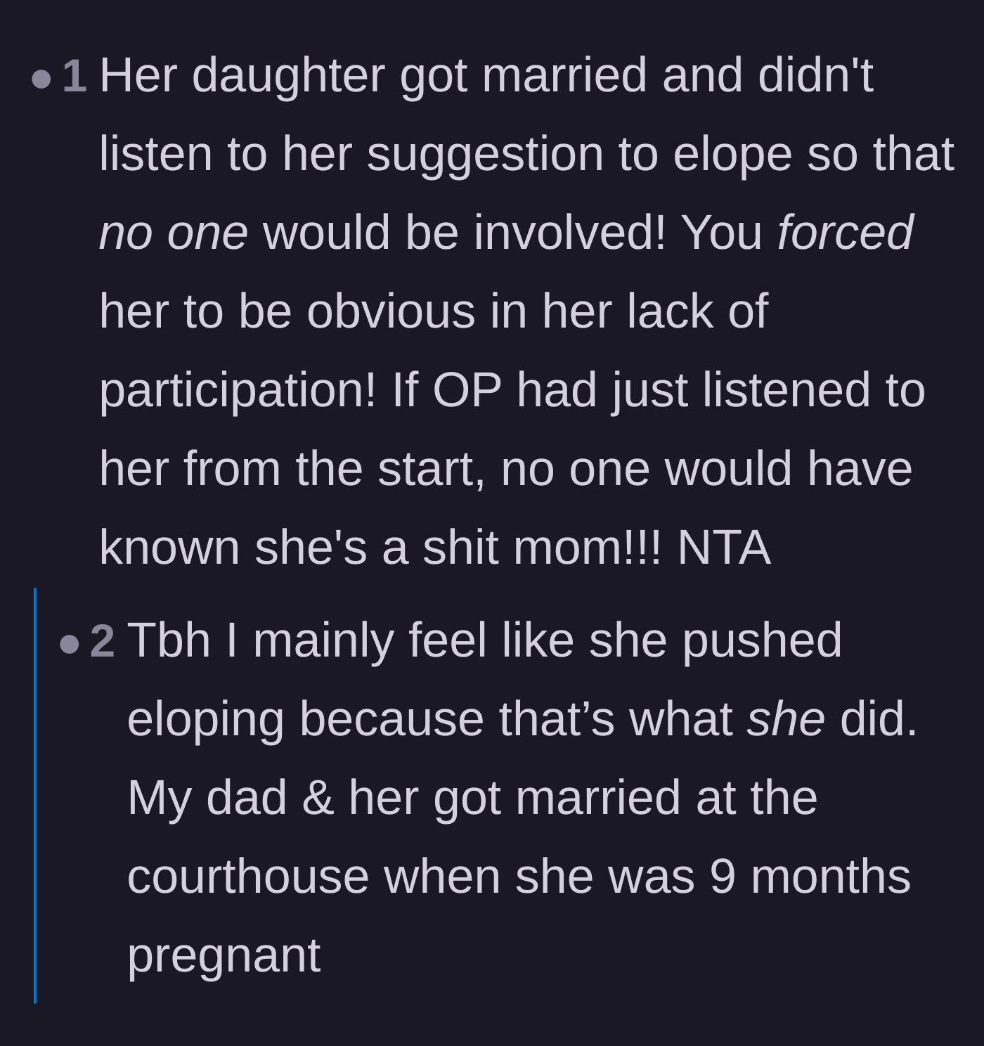 Comment thread 3 - Sarcastic take on how the bride 'forced' her mom to look like a bad parent