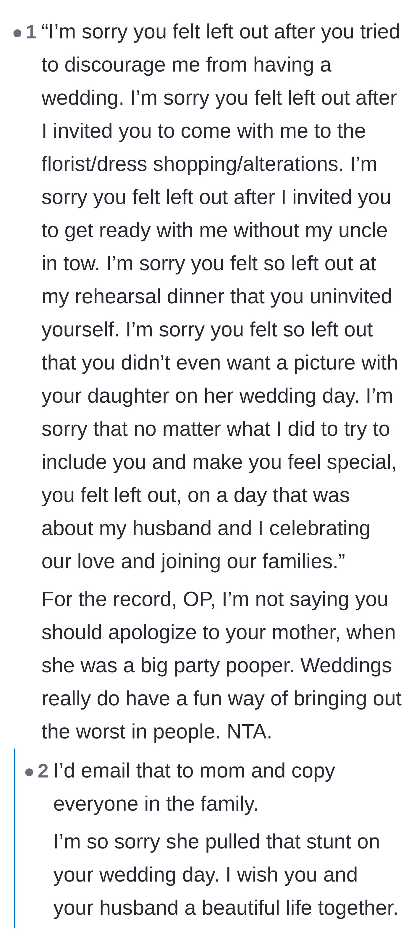 Comment thread 4 - A masterfully petty 'non-apology' template for the mother