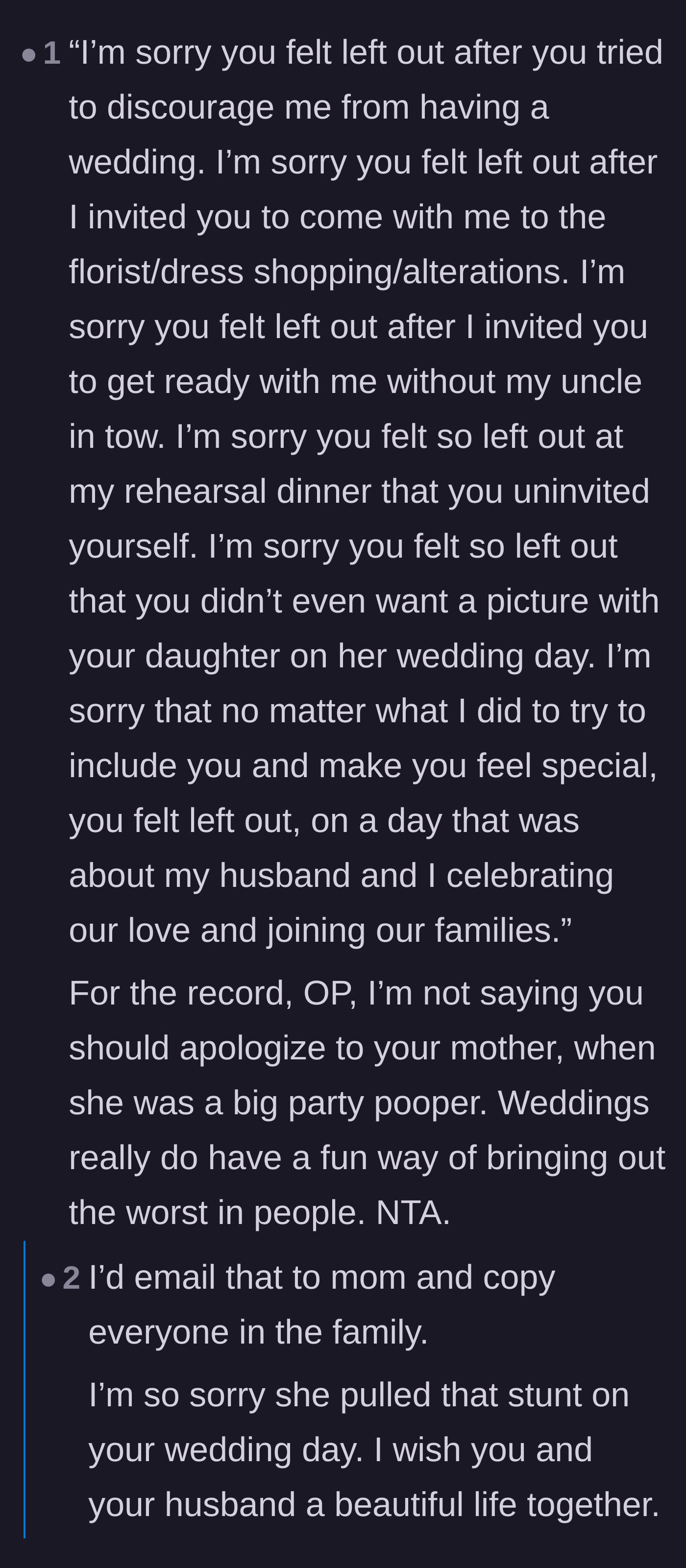 Comment thread 4 - A masterfully petty 'non-apology' template for the mother